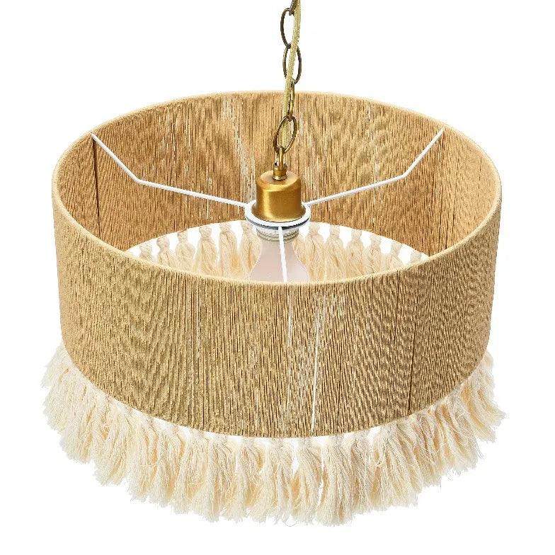 Vintage Fabric Barrel Pendant Light - Handwoven Rattan Shade for Living Room, Bedroom, Dining Room - Boho Farmhouse Ceiling Lighting Fixture