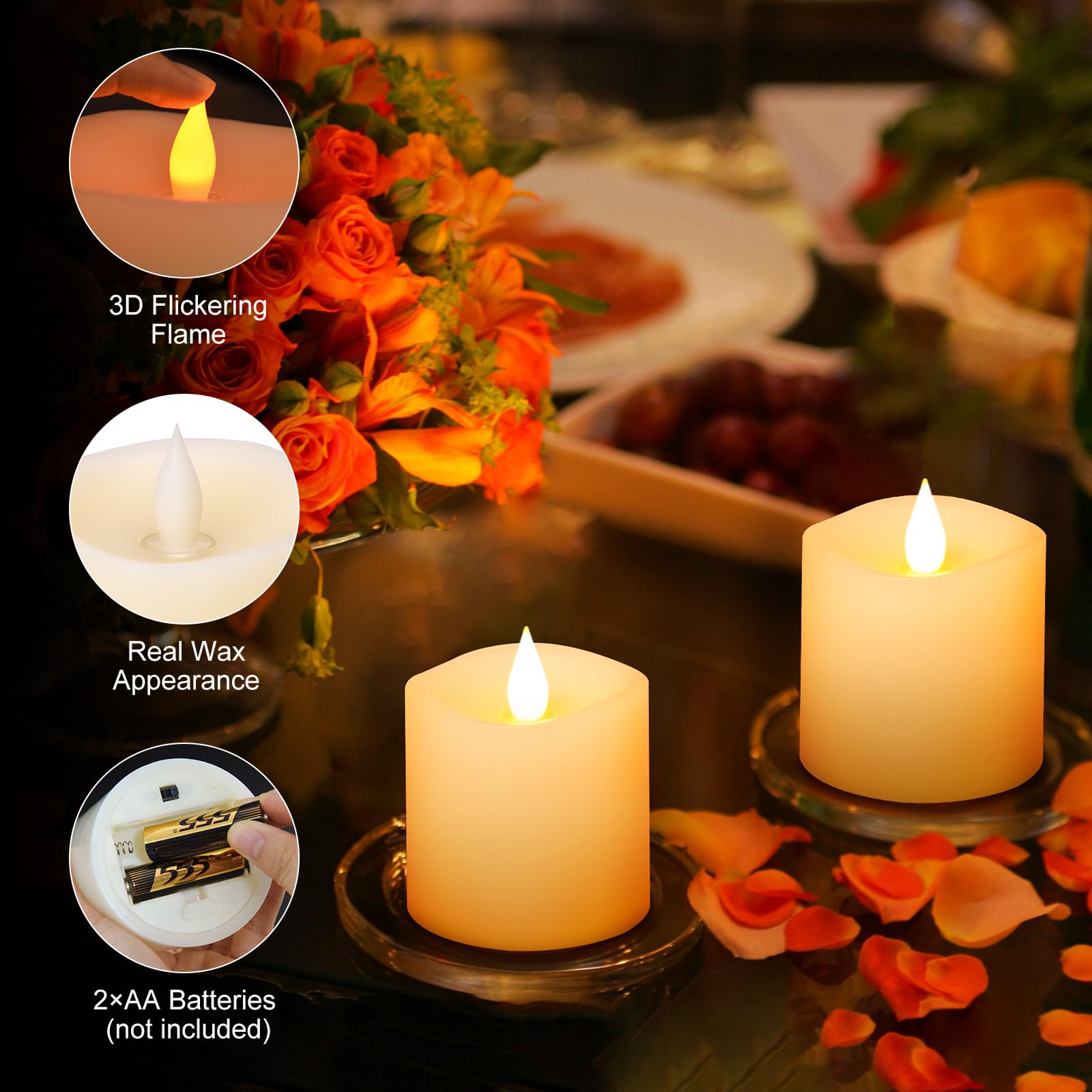 3x3 Inch Flameless LED Candles Set of 2 - Battery Operated Pillar Candles with Realistic Flickering Effect & Timer, Remote Control - Perfect for Wedding Centerpieces, Holiday Decor, Home Ambiance Lighting (Ivory)