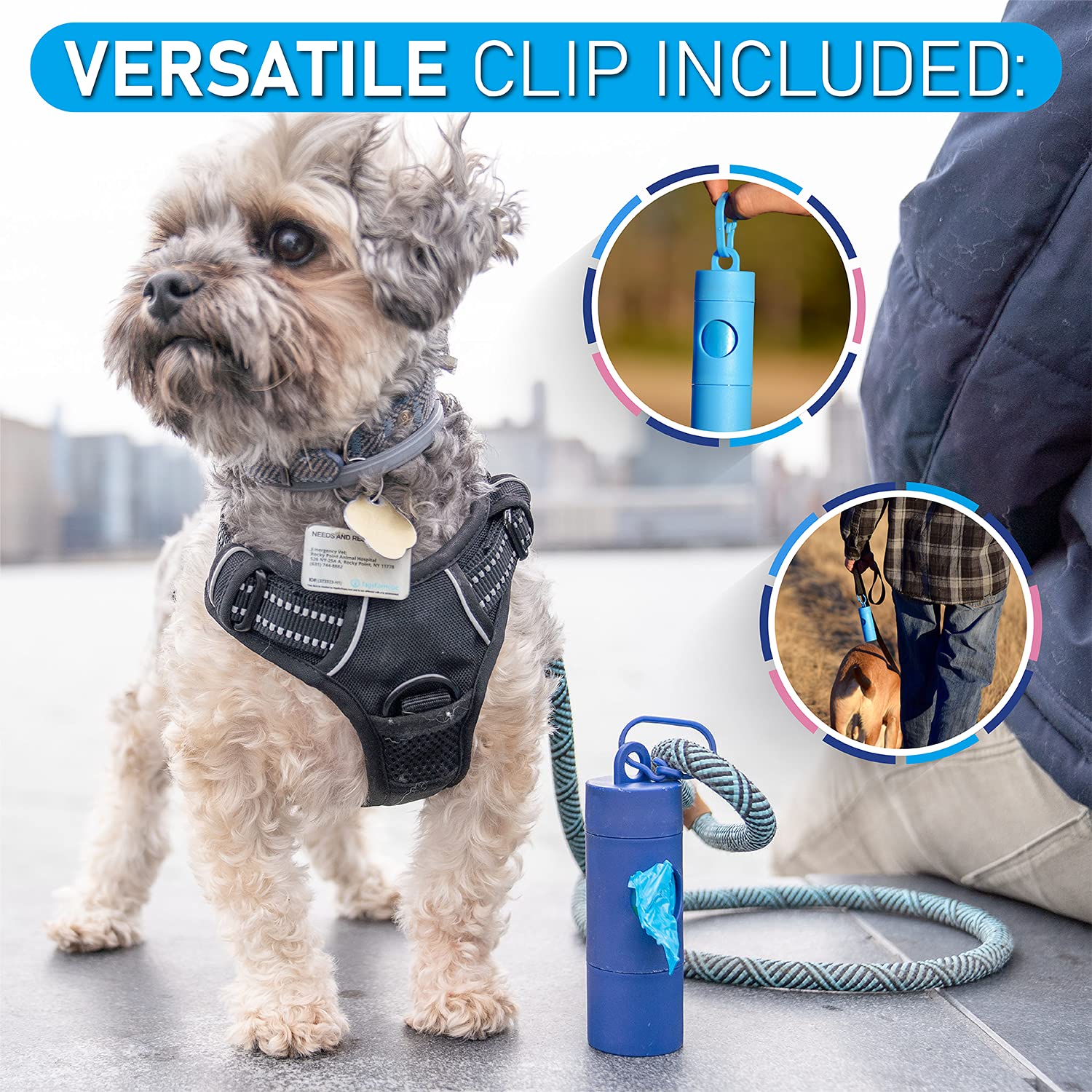 2 in 1 Dog Leash Treat Holder & Poop Bag Dispenser (Blue) - Convenient Waste Management System with 15 Eco-Friendly Extra Strength Bags - Perfect for Walking, Training, and Outdoor Adventures with Your Dog