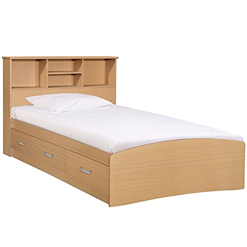 Pemberly Row Modern Wooden Twin Size Captains Bed with Storage Drawers in Beech - Perfect for Kids Rooms, Guest Bedrooms & Small Spaces