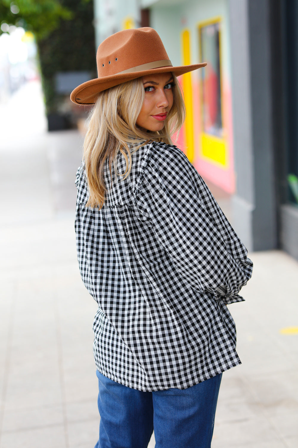 Stylish Black Gingham Shirred Yoke Mock Neck Frilled Top for Women | Vintage-Inspired Blouse for Casual Outfits & Date Nights