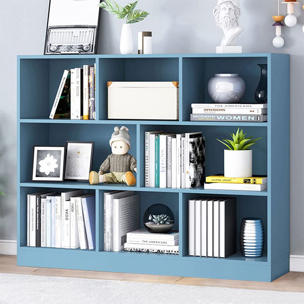 IOTXY 3-Tier Open Shelf Wooden Bookcase - Floor Standing Display Cabinet with 8 Cubes, Short Horizontal Bookshelf Organizer in Bright Blue - Perfect for Living Room, Bedroom, Office & Dorm Storage