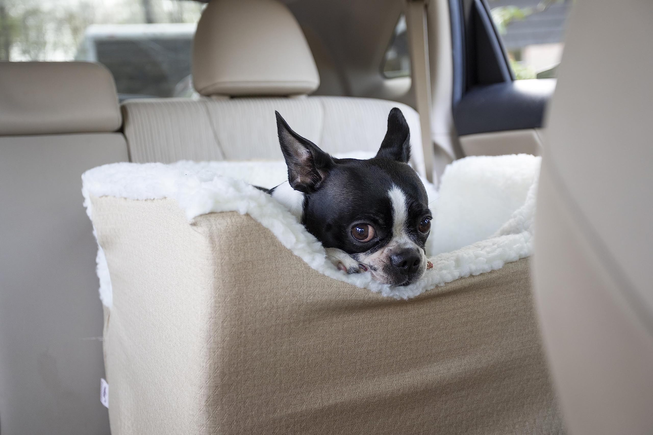 Snoozer Lookout I Dog Booster Car Seat for Small Dogs Under 25lbs - Medium Size Birch Diamond Fabric Pet Car Seat - Helps Prevent Dog Motion Sickness - Removable Washable Cover - Perfect for Road Trips, Vet Visits & Daily Car Rides