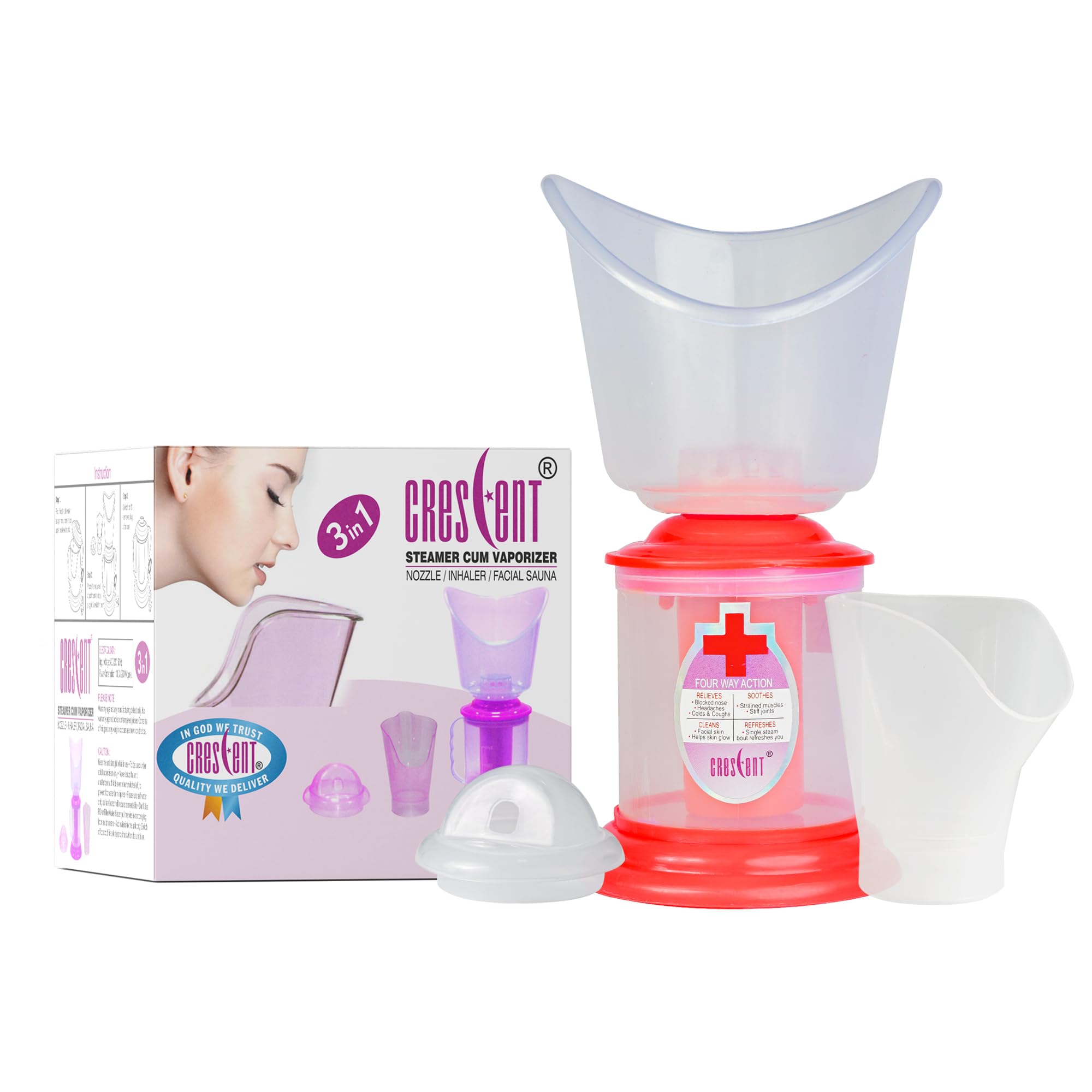 3-in-1 Crescent Facial Steamer & Sinus Relief - Portable Steam Inhaler for Cold, Cough & Nasal Congestion - Home Spa Facial Vaporizer with 3 Attachments for Face & Nose Care | Perfect for Relaxation, Skincare Routine & Respiratory Relief