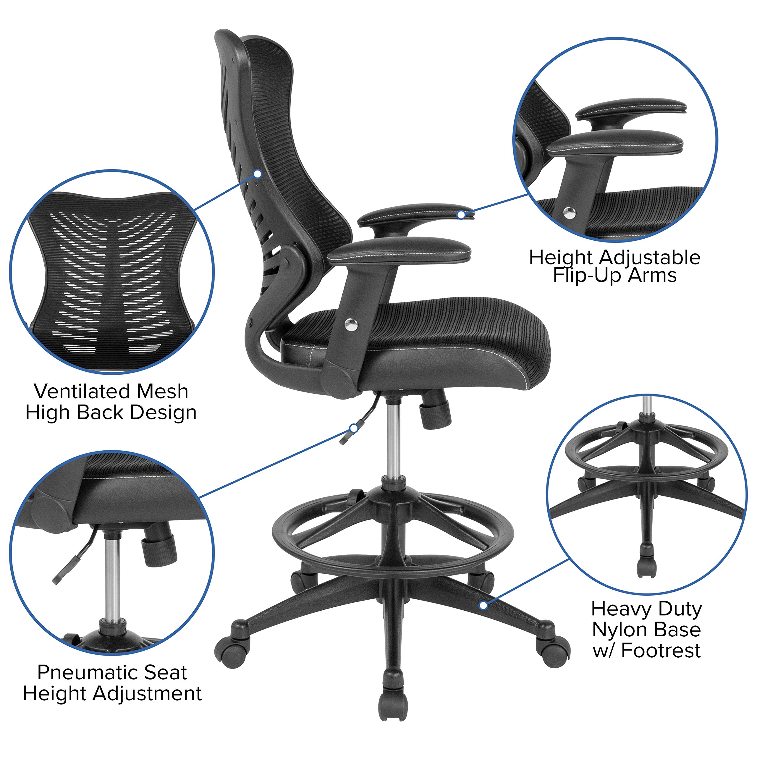 Ergonomic High Back Mesh & Leather Drafting Chair with Adjustable Arms - Perfect for Office, Home, or Studio Workspaces