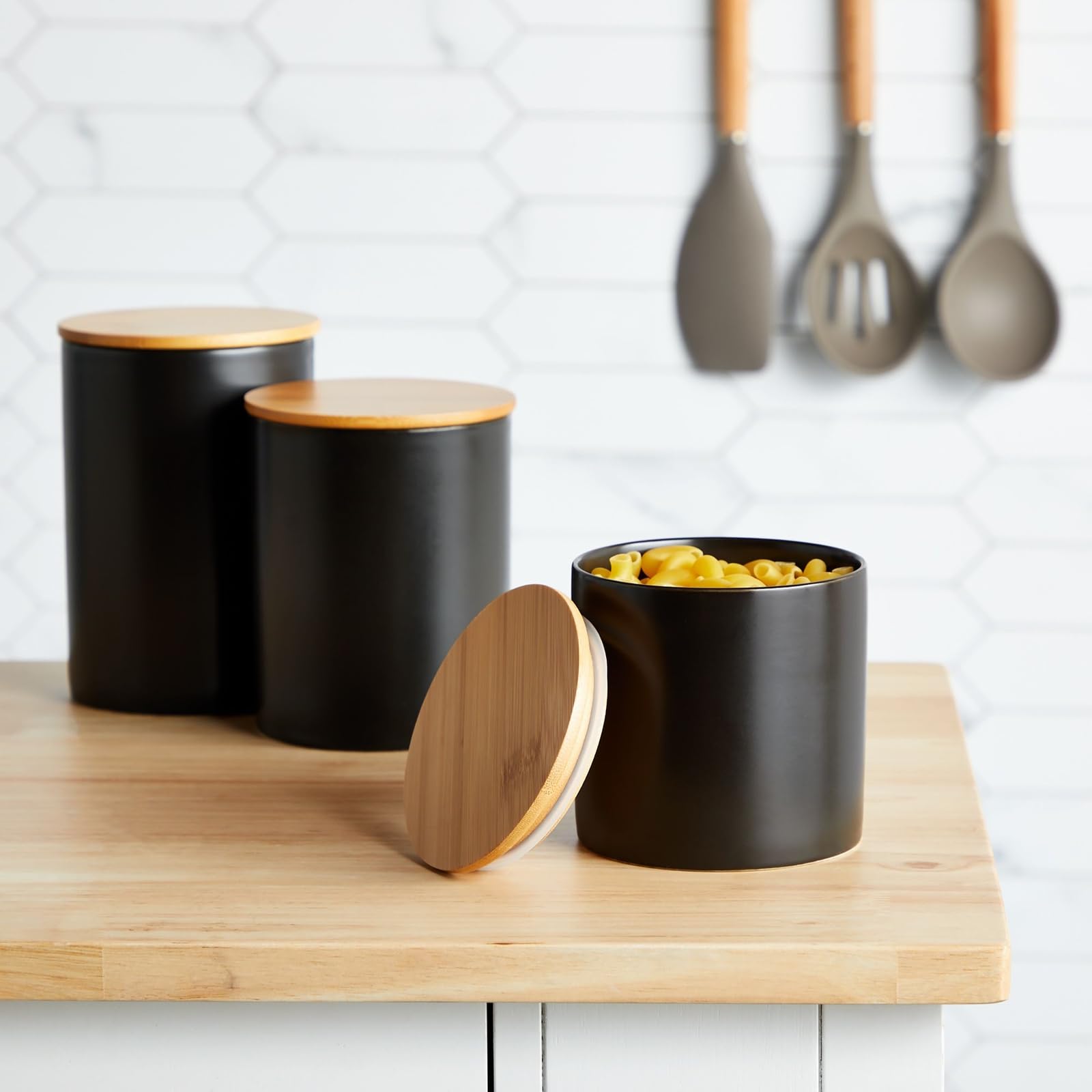 Farmlyn Creek 3-Piece Matte Black Kitchen Canister Set with Airtight Bamboo Lids - Food Storage Containers for Sugar, Coffee, Flour & Dry Goods (3 Sizes) - Perfect for Pantry Organization & Countertop Display