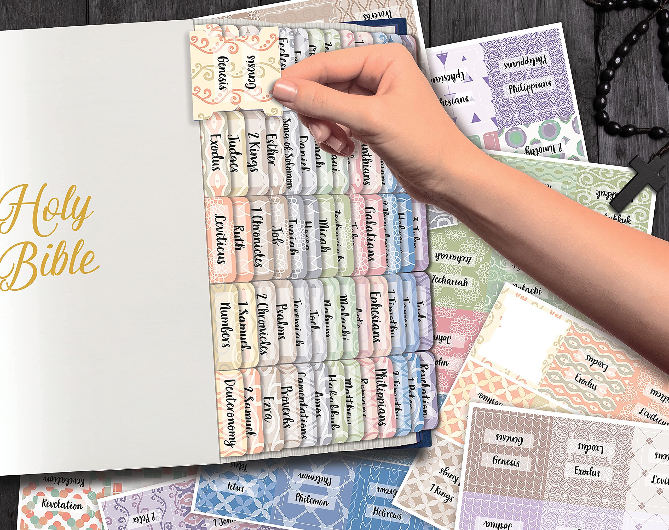 Better Office Products Bible Tabs - 225-Piece Christian Bible Journaling Adhesive Tabs for Old & New Testament (3 Sets, Harmonious Themed Backgrounds) - Perfect for Bible Study, Scripture Organization & Church Groups