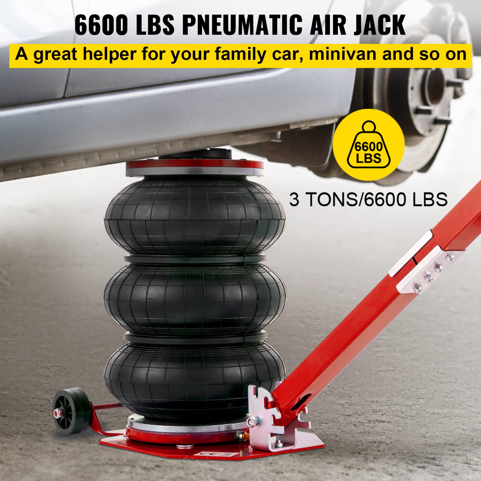 VEVOR 3 Ton (6600 lbs) Triple Bag Air Jack - Fast Lifting Car Jack with Adjustable Long Handle (Red) - Ideal for Emergency Roadside Repairs, Vehicle Maintenance, and Off-Road Recovery