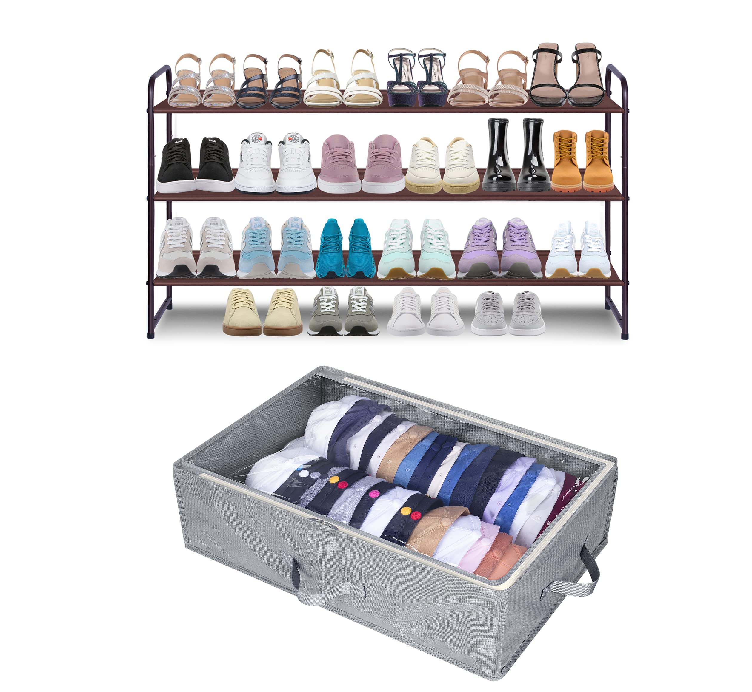 AOODA 3-Tier Stackable Shoe Rack for Closet & Large Baseball Cap Organizer - Space-Saving Shoe Shelf and Hat Storage Box 2-Piece Set - Perfect for Bedroom, Entryway, and Closet Organization