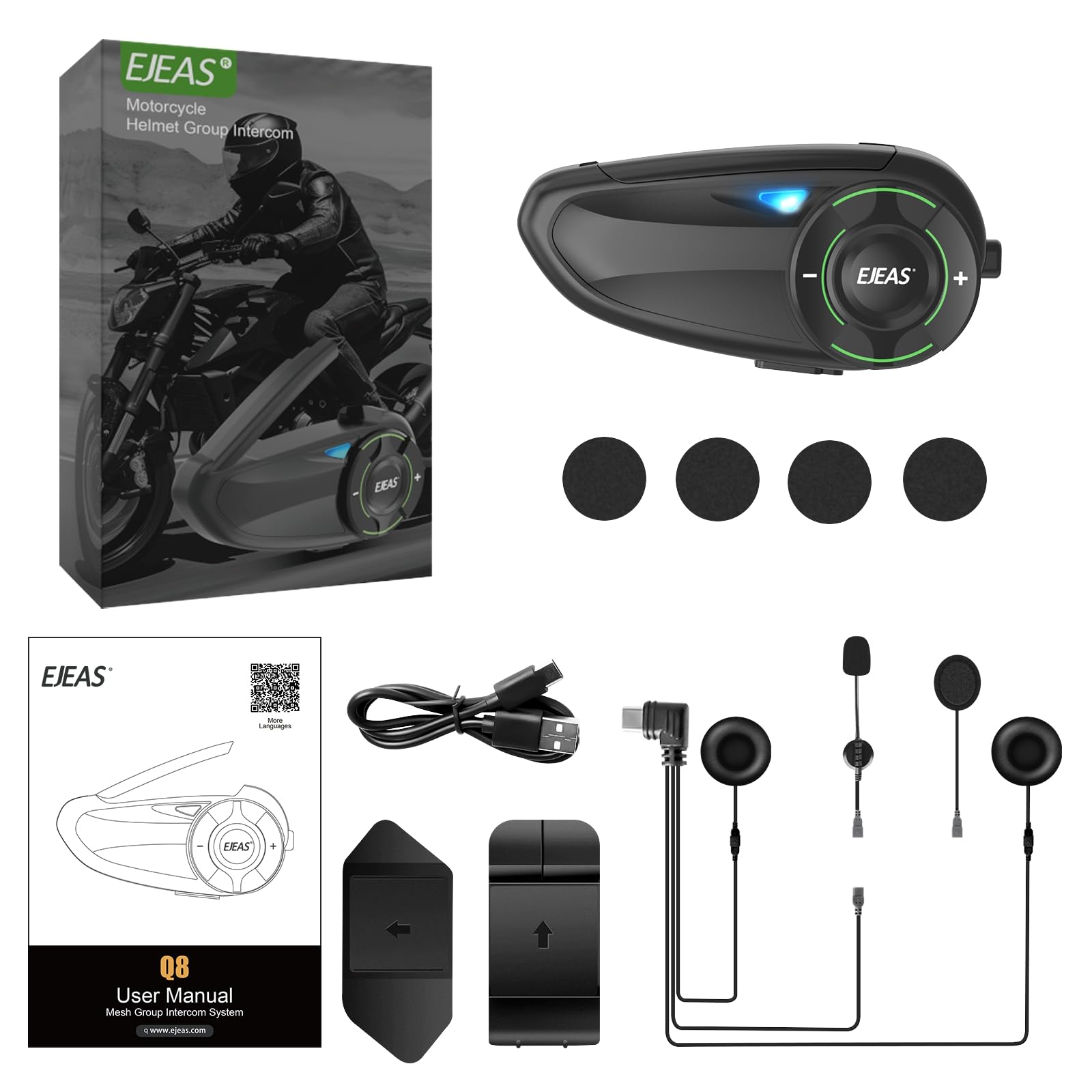 EJEAS Q8 Motorcycle Bluetooth Headset - Upgraded Mesh 3.0 Intercom System with Music Sharing, IP67 Waterproof for 6 Riders Group Communication | Perfect for Group Rides, Road Trips & Adventure Motorcycling