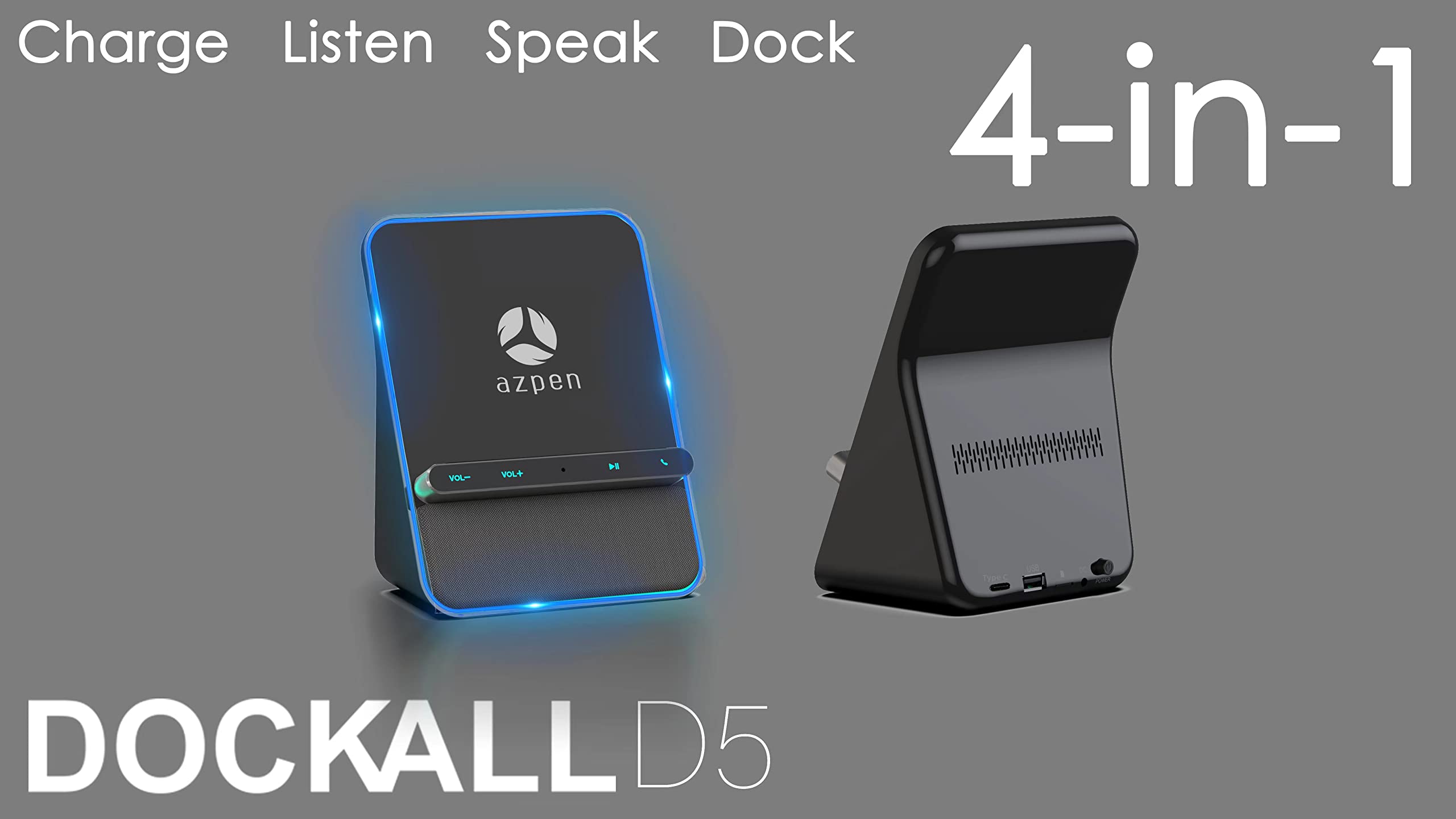 Azpen Wireless Charging Audio Dock with Dual 8W Bluetooth Speakers, Upgraded Mic for Hands-Free Calls - Qi Wireless Charger for iPhone 15/14/13/12/11 & Samsung S23/S22/S21/S20 - Perfect for Home Office, Bedroom & Car Use