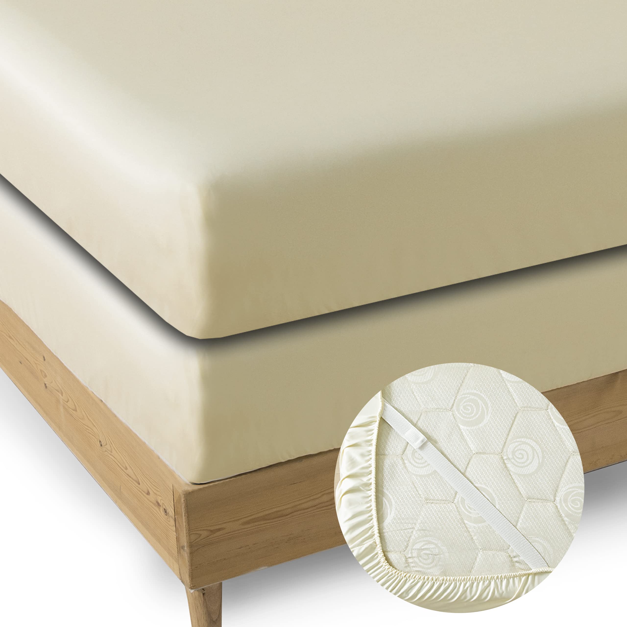 MINIPANDA Twin Fitted Sheets 2 Pack - Ultra Soft Microfiber Bed Sheets with Corner Straps to Keep Sheets in Place (Beige, Twin Size) - Perfect for Kids Rooms, Dorms & Guest Beds