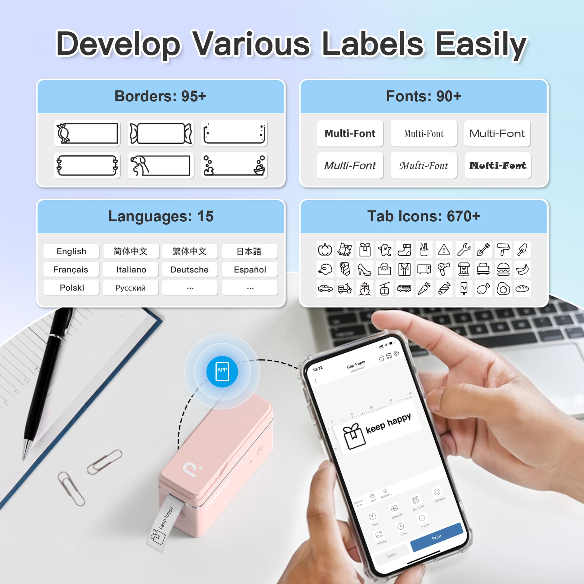 POLONO P31S Portable Bluetooth Label Maker Machine with Thermal Printer, Pink - Mini Sticker Maker for Home, Office & Storage Organization with Multiple Templates & Tape - Perfect for Labeling, Crafting & DIY Projects