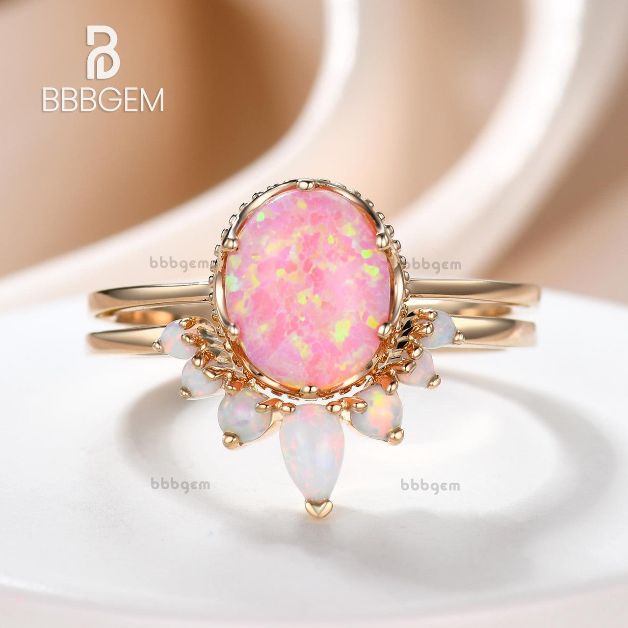 Vintage Opal Wedding Ring Set - Oval Pink Fire Opal Engagement Ring for Women - Perfect for Bridal, Anniversary & Special Occasion Gifts