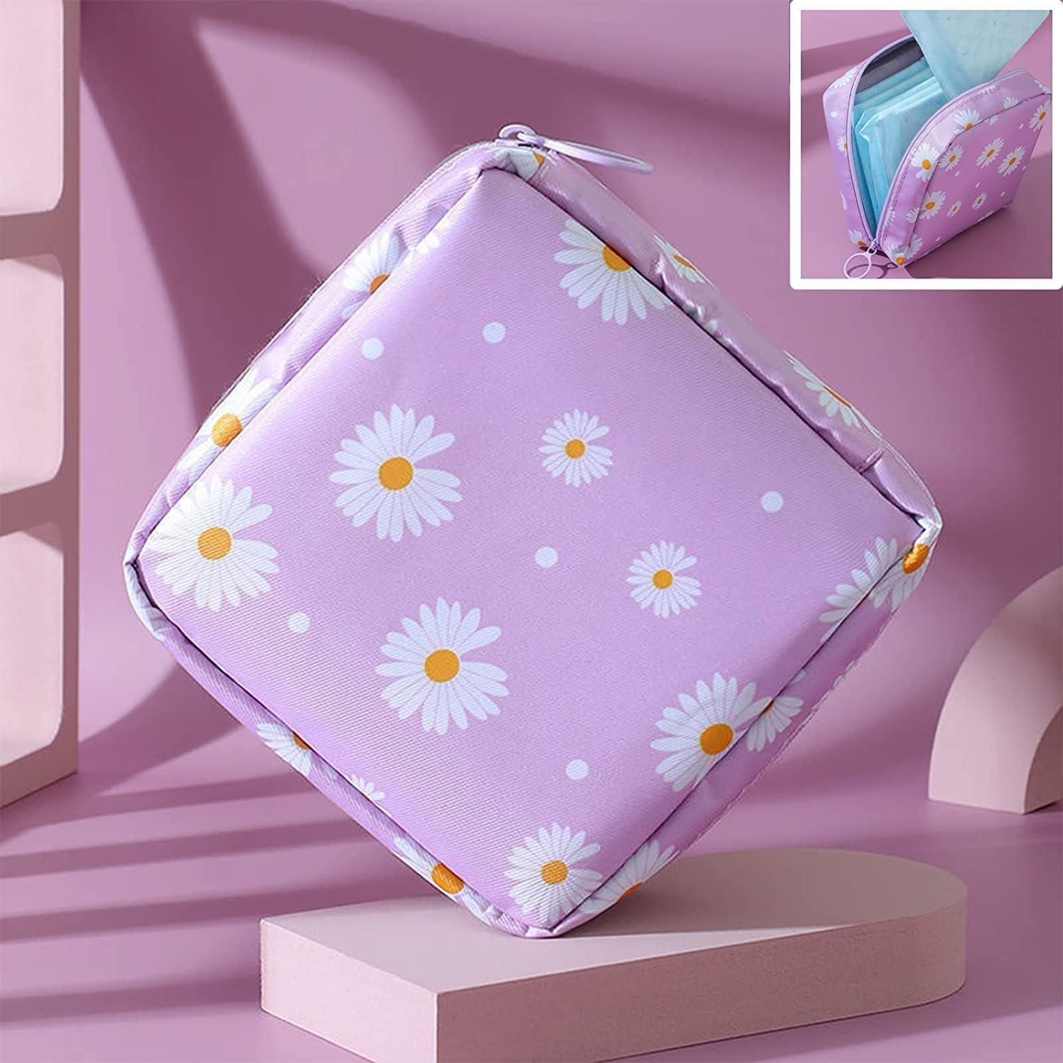 Trendy Portable Mini Sanitary Napkin Pouch - Waterproof Zippered Travel Organizer for Nursing Pads, Cosmetics & Jewelry - Perfect for Women & Girls (Daisy, Purple, Peach) - Ideal for Travel, Gym & Daily Essentials Storage