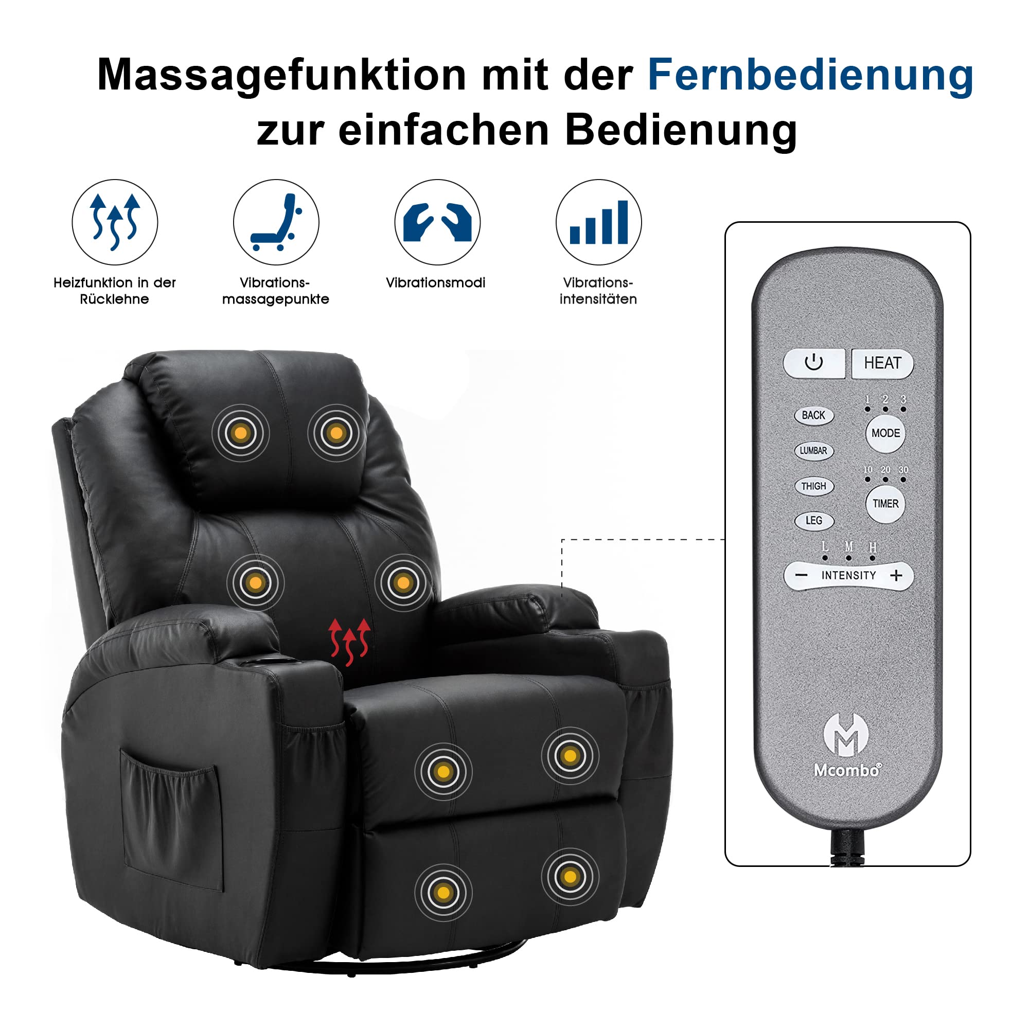 MCombo 360° Swivel Heated Massage Recliner Chair with Adjustable Settings - Black 7020BK - Perfect for Living Room, Home Theater, and Office Relaxation