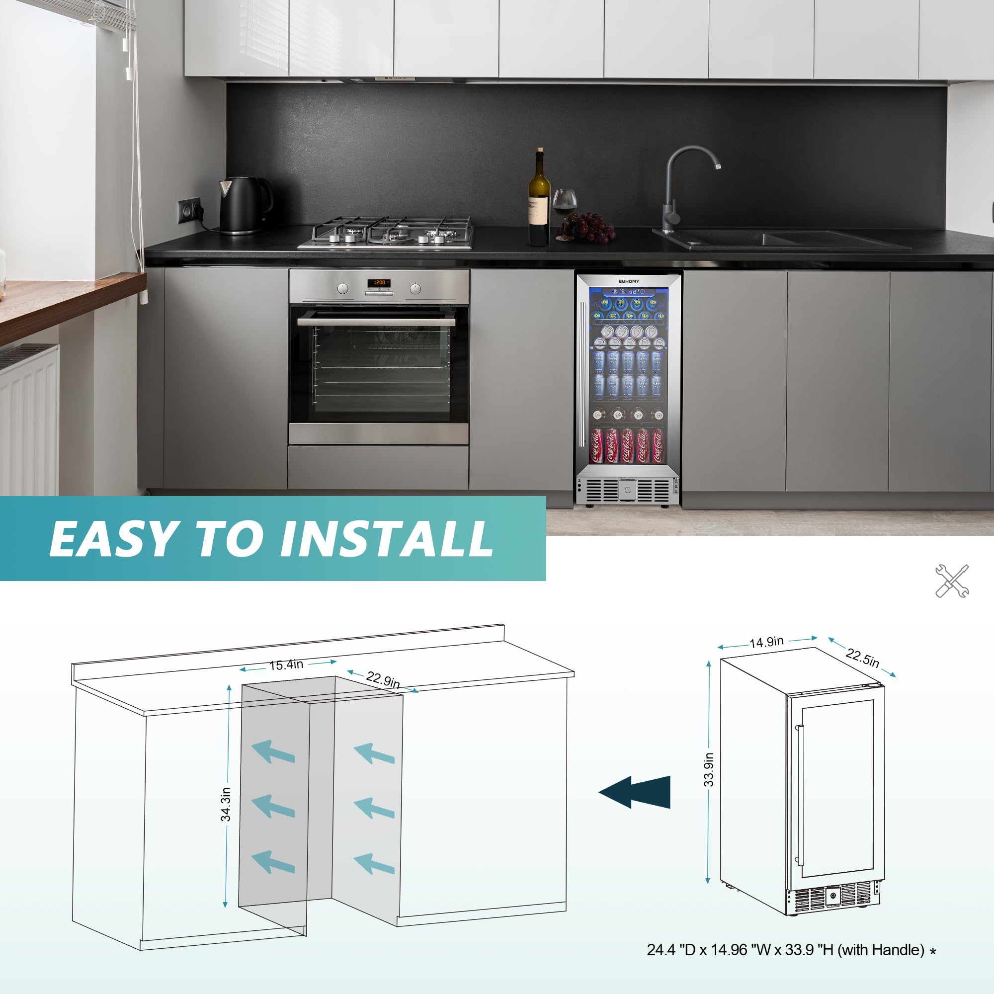 EUHOMY 15 Inch Built-In Beverage Refrigerator - 125 Can Capacity Under Counter Cooler with Glass Door & LED Light - Energy Efficient Beer, Soda, Wine Fridge for Home, Kitchen, Bar, Office, and Commercial Use