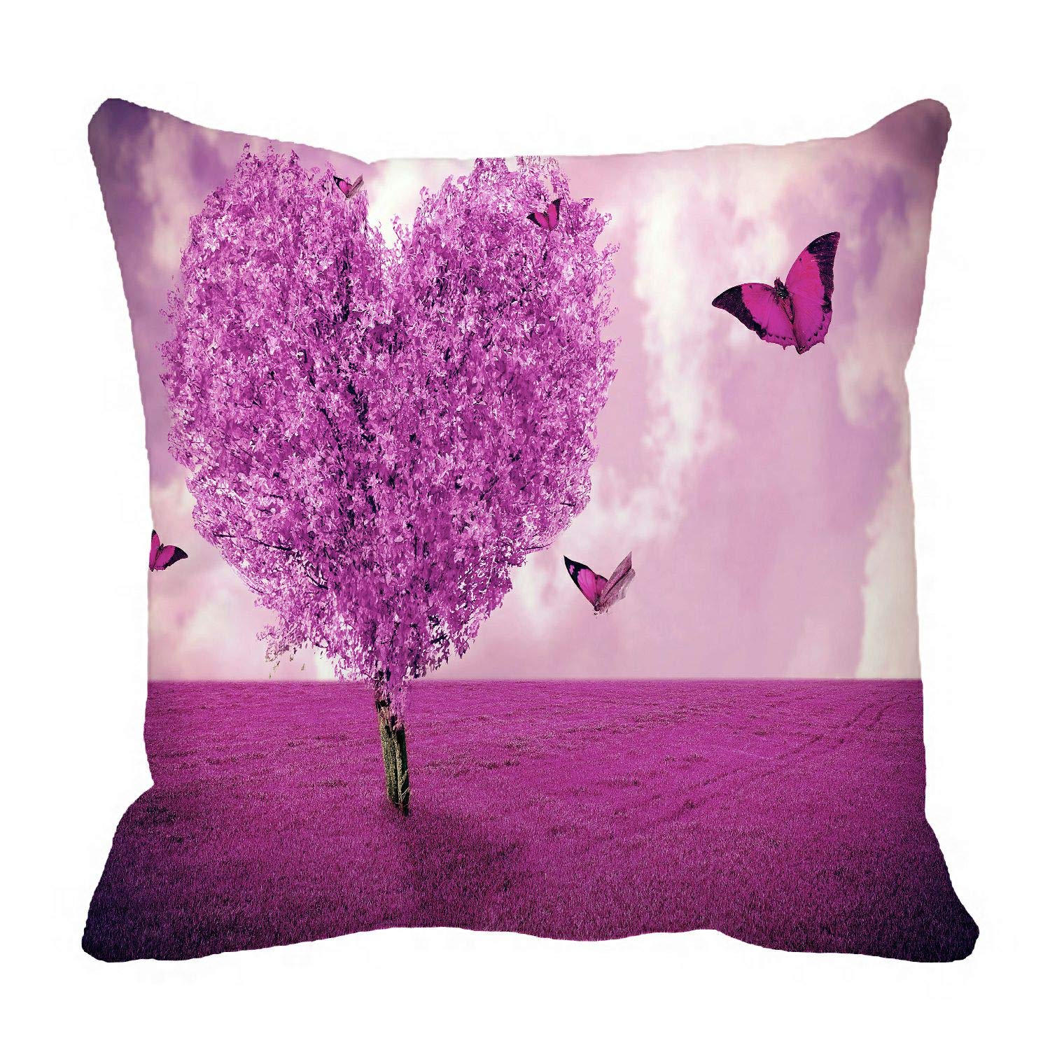 Heart-Shaped Tree with Butterflies Pink Landscape Pillow Cover - 16x16 Inch Decorative Cushion Case for Sofa, Bed & Home Decor - Perfect for Living Room, Bedroom & Gift Giving