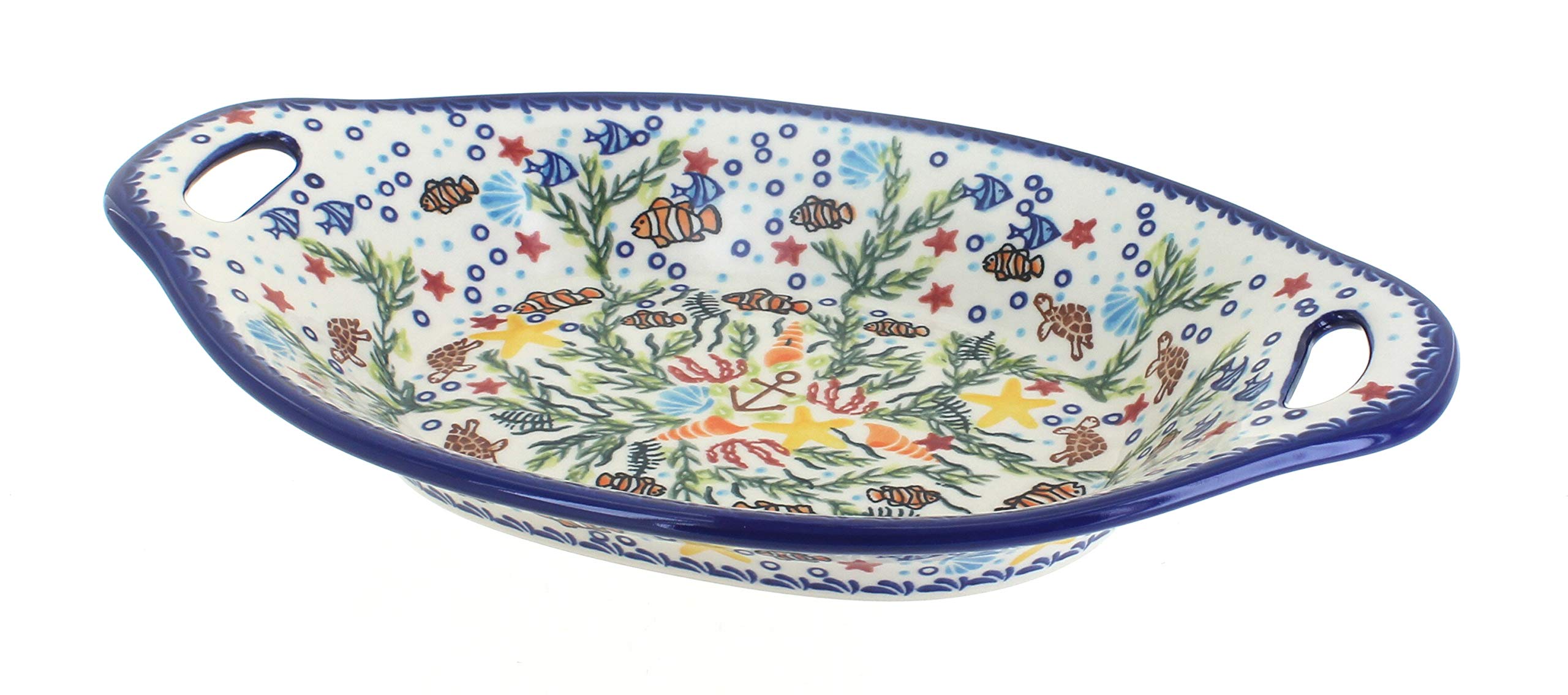Handmade Blue Rose Polish Pottery Atlantis Bread Serving Tray with Handles - Perfect for Breakfast, Brunch, and Elegant Dining Table Decor