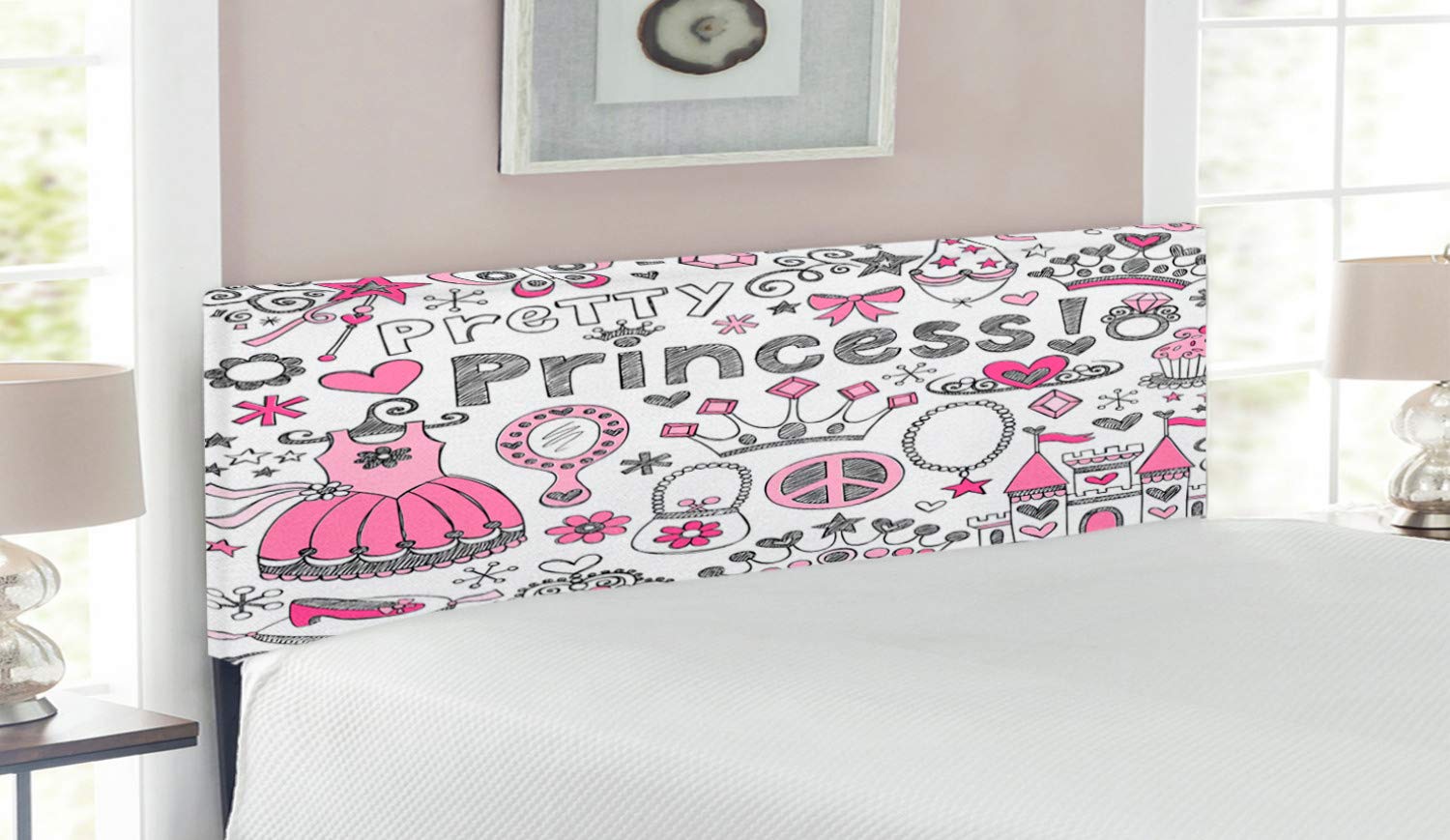 Ambesonne Cartoon Tiara Crown Headboard - Queen Size Upholstered Metal Bed Frame with Memory Foam, Grey Pink White Doodle Design | Perfect for Kids Bedroom, Princess Theme Decor & Cozy Reading Nook