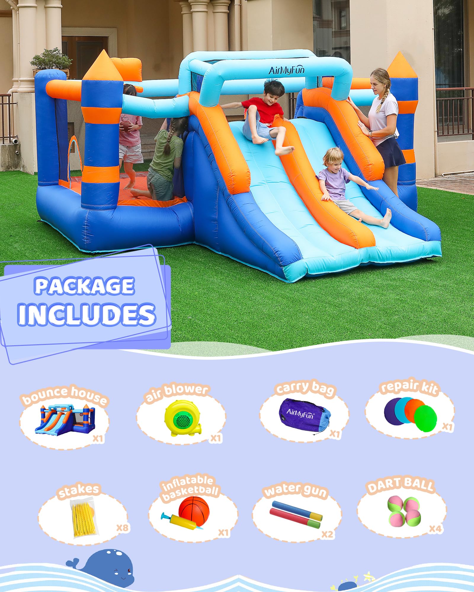 **AirMyFun Inflatable Bounce House with Double Slide & Basketball Hoop - Kids Indoor/Outdoor Jumping Castle for Backyard Parties, Birthday Events & Playtime Fun**