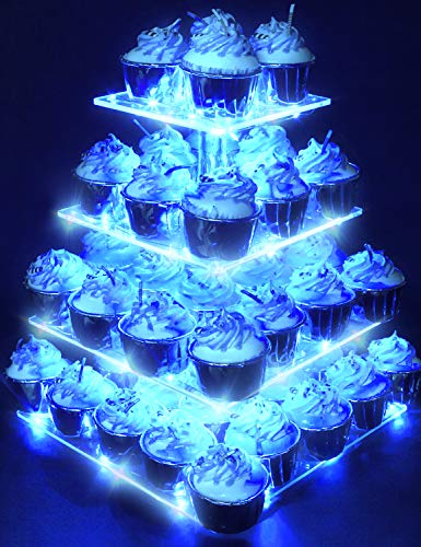 4-Tier Acrylic Cupcake Stand with Blue LED Lights - Elegant Dessert Display Tower for Birthday, Wedding, Baby Shower, Christmas & Party Decorations | Perfect for Dessert Tables, Buffet Displays & Special Event Centerpieces