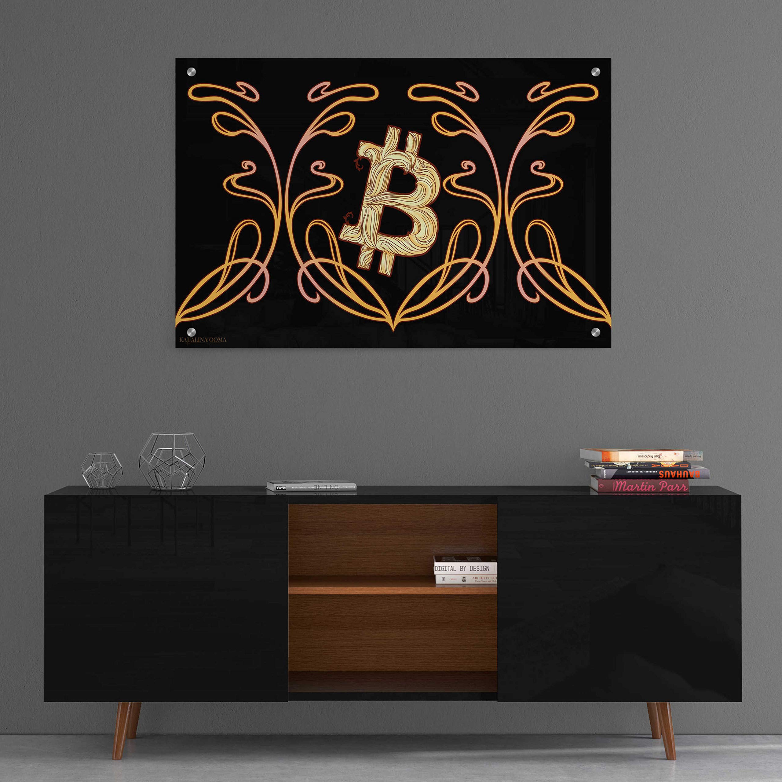 Epic Art Nouveau Bitcoin Gold Acrylic Glass Wall Art by Katalina - 36x24 Inches Modern Home Decor for Living Room, Office & Crypto Enthusiast Spaces