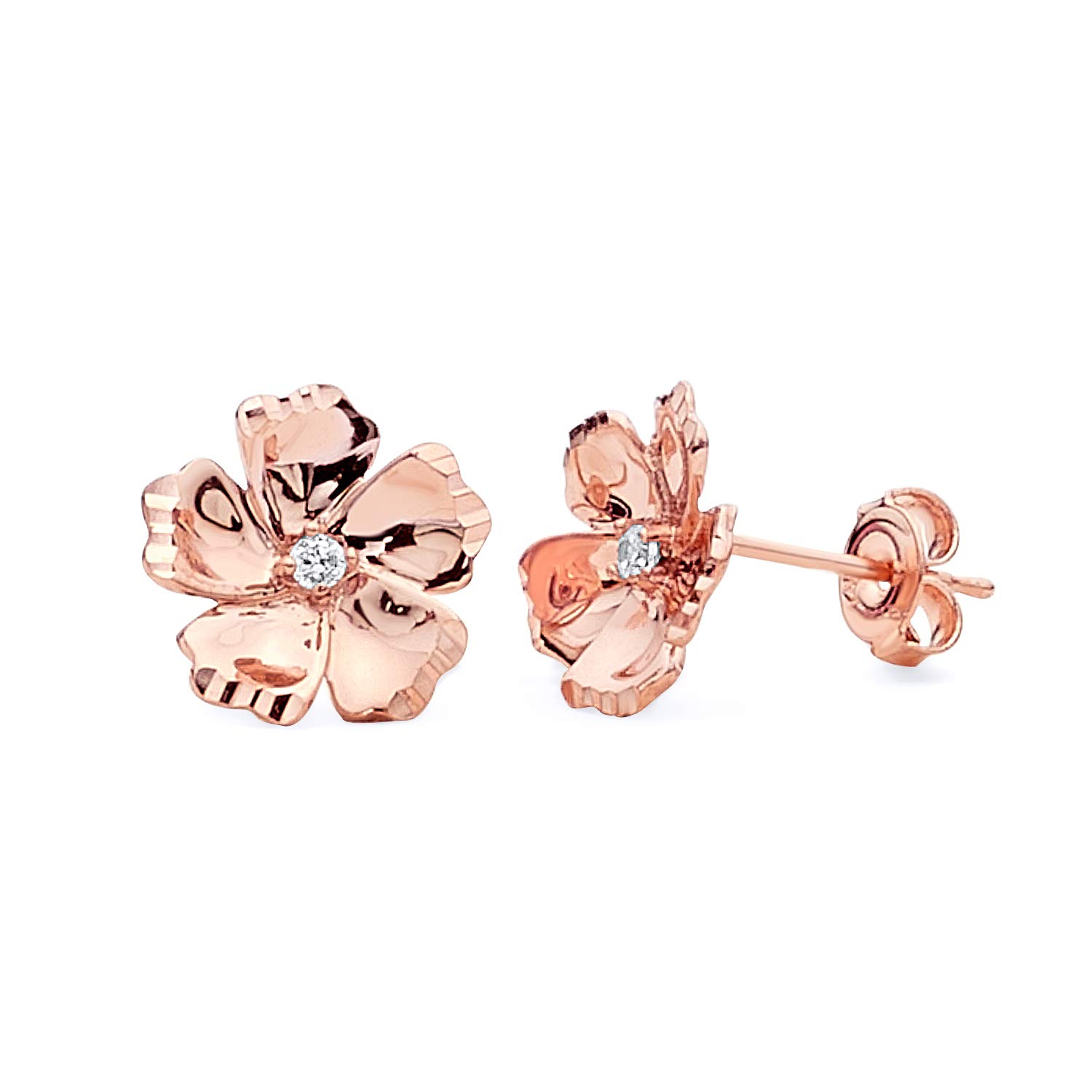 14K Real Rose Gold CZ Flower Earrings for Women - Elegant Cubic Zirconia Floral Stud Earrings - Perfect for Weddings, Parties & Everyday Wear