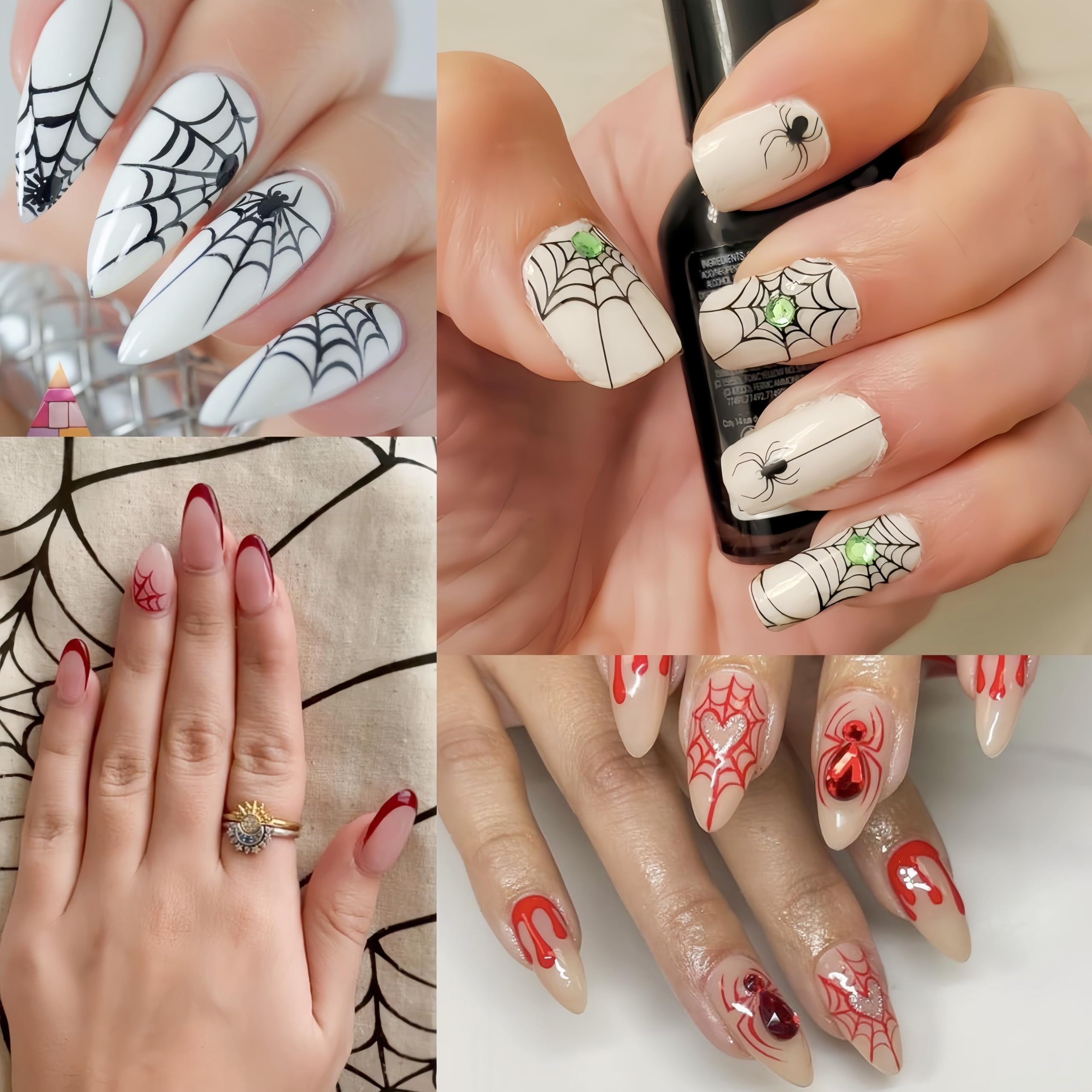 6 Sheets Halloween Spider Web Nail Stickers - Black, White, Red 3D Self-Adhesive Glitter Nail Art Decals for Women & Girls | Perfect for Halloween Parties, Costume Nails & Spooky Nail Designs
