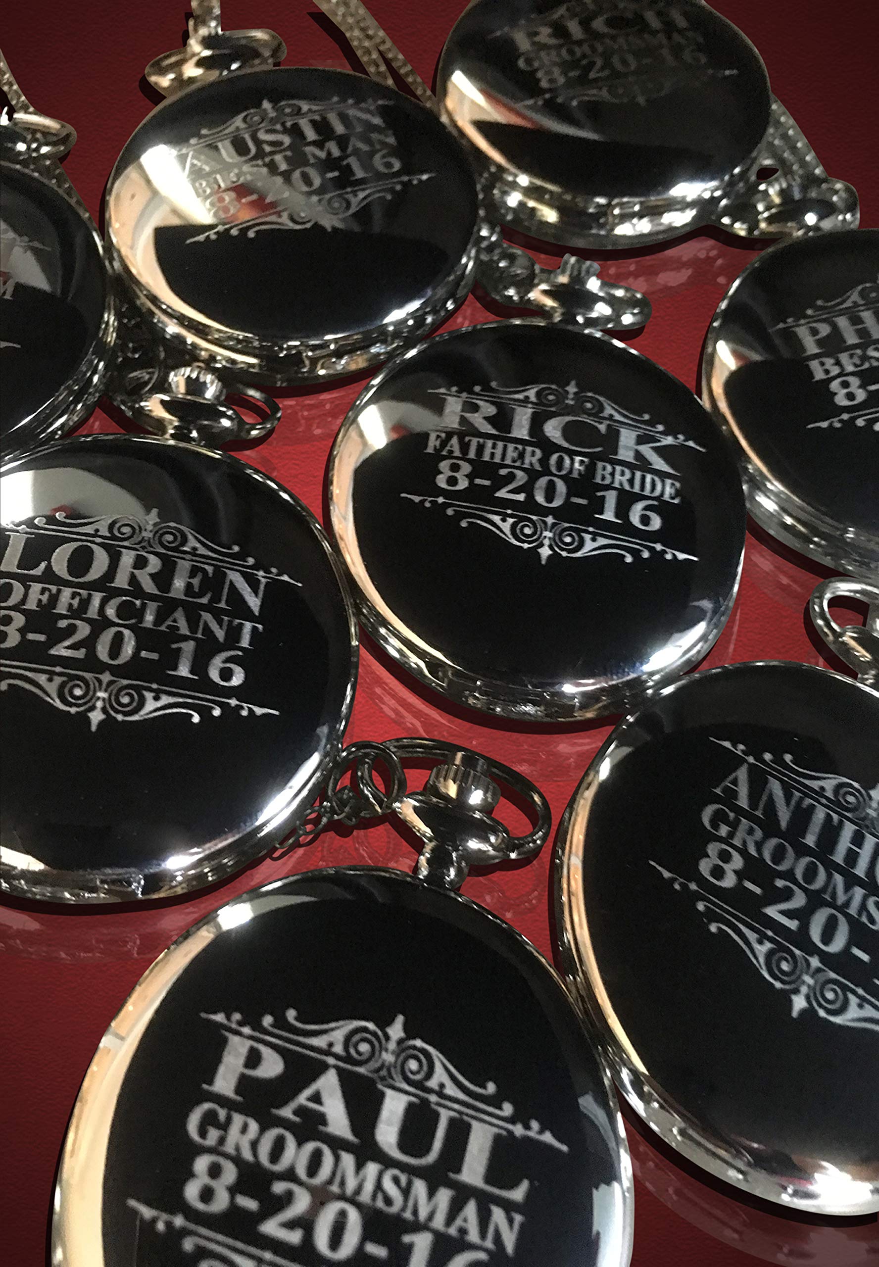 7 Engraved Pocket Watches for Groomsmen - Wedding Gift Set with Chain, Engraving & Gift Box (5 Colors) - Unique His & Her Gifts for Anniversary, Bridal Party & Special Occasions