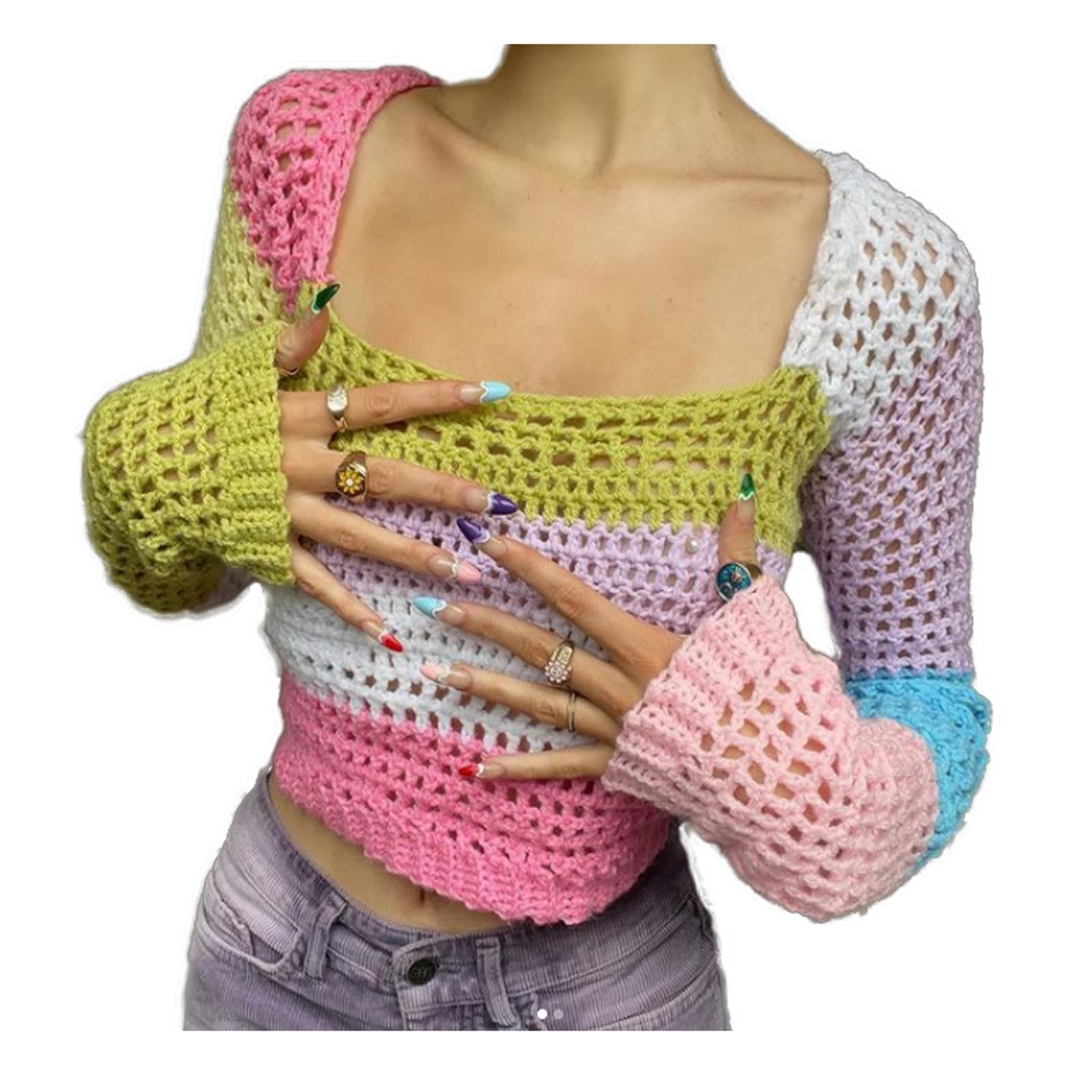 Sunloudy Women's Cropped Knit Top - Long Sleeve Crochet Hollow Out Square Neck Sweater for Fall & Winter | Casual Office Wear, Date Night Outfit, Layering Piece