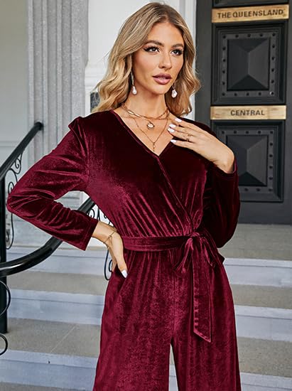 BerryGo Women's 2024 Velvet Formal Jumpsuit - Long Sleeve Wide Leg V-Neck Romper with Belt & Pocket for Wedding Guest, Cocktail Party, Holiday Events & Special Occasions