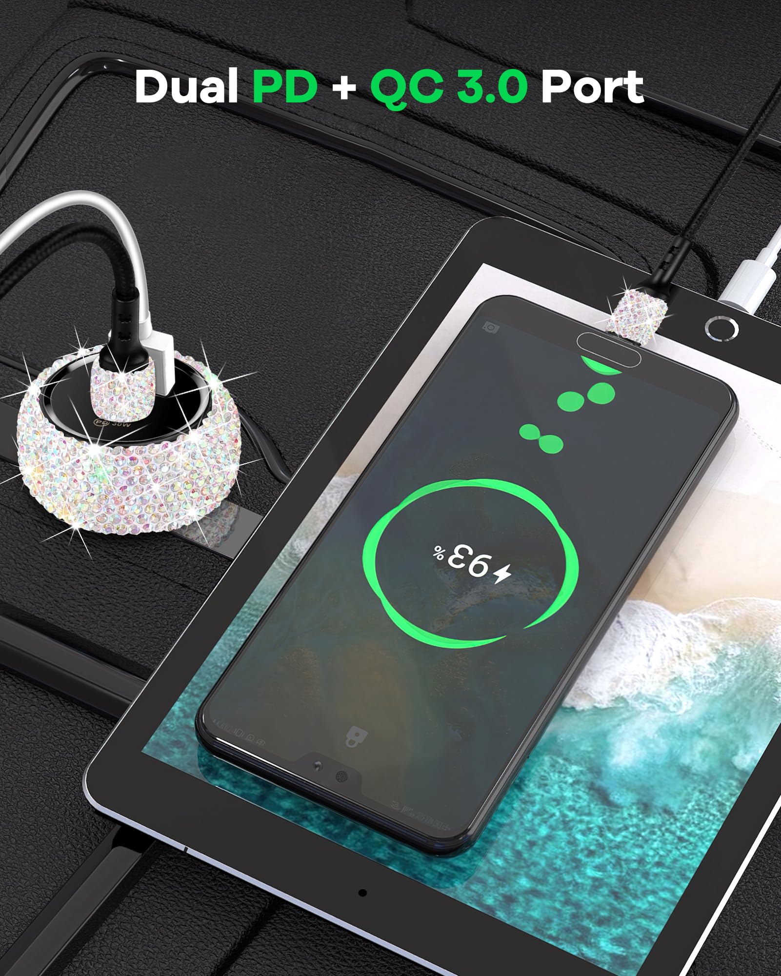 48W PD QC Fast Car Charger with USB-C Cable - Dual Port USB C Car Adapter for iPhone 16/15 Pro Max, iPad, Samsung Galaxy & Android Phones - Multi-Color Bling Design (Perfect for Road Trips & Daily Commute)