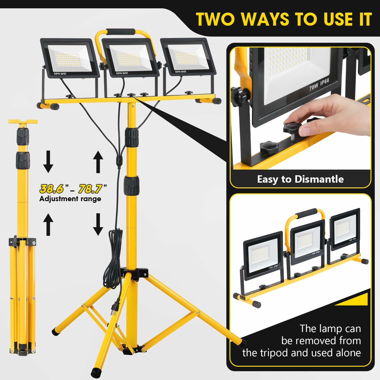 21000 Lumen LED Work Light with Stand - 3 Head Adjustable Portable Work Light for Construction, Garage, Workshop, and Outdoor Lighting