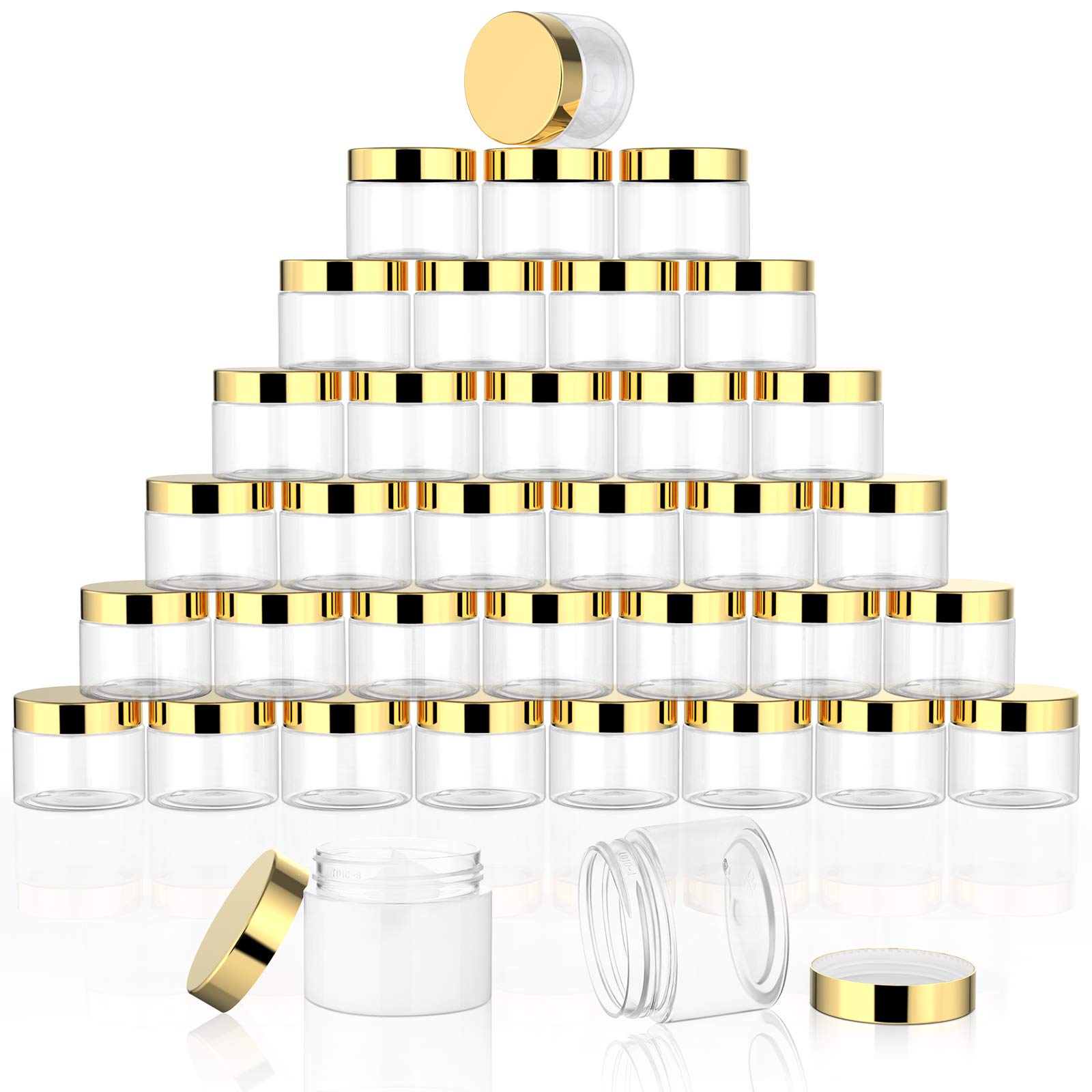 SATINIOR 36-Piece 2 oz Plastic Jars with Lids - Round Clear Airtight Cosmetic Containers for Lotions, Creams & Makeup - Leakproof Travel Toiletries Storage (Gold) | Perfect for DIY Beauty, Travel Essentials & Home Organization
