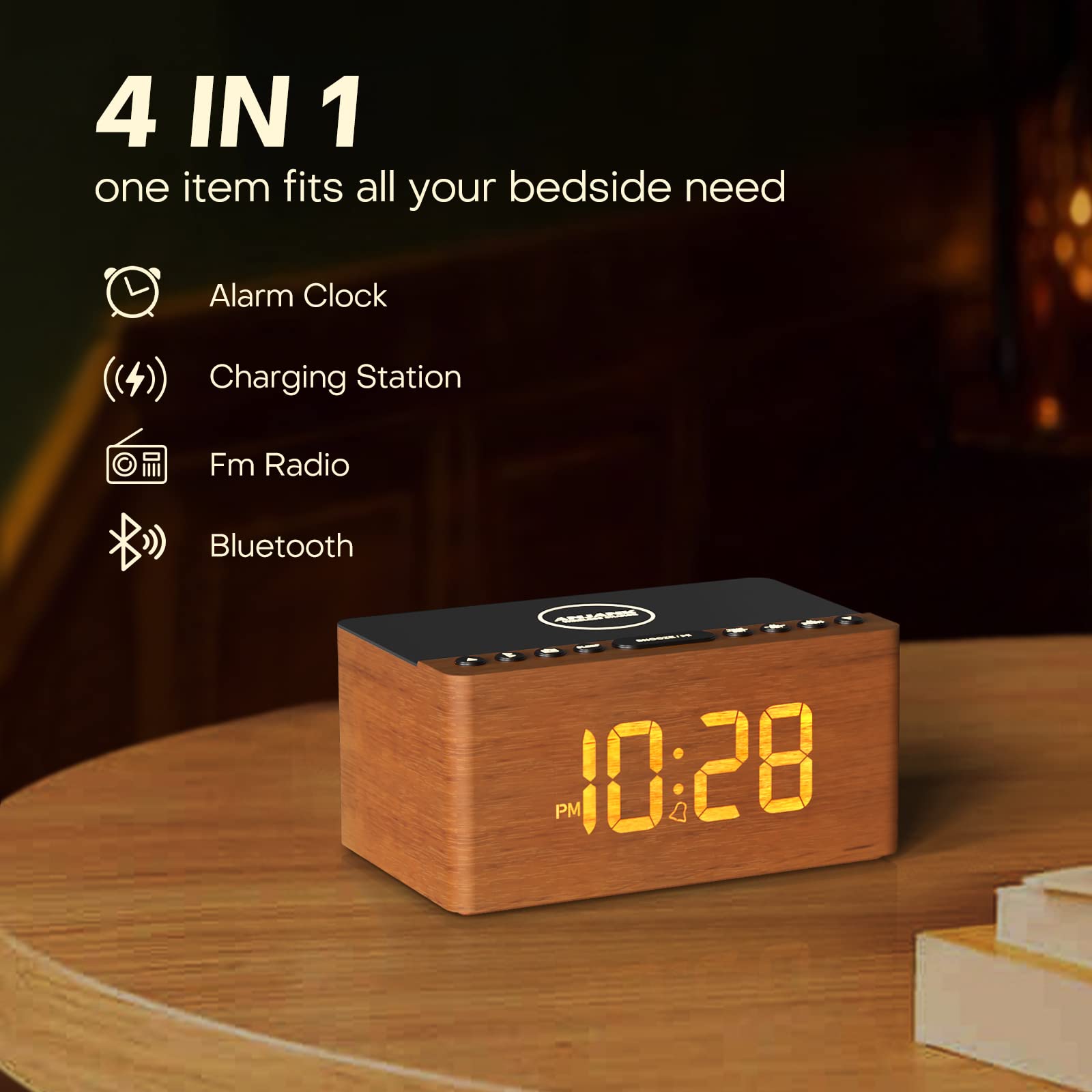 Premium Wooden Bluetooth Speaker Alarm Clock with FM Radio, Wireless Charging for iPhone & Samsung, USB Port, Dimmable Display, Sleep Timer - Digital Wooden Bedside Clock for Bedroom, Office & Travel