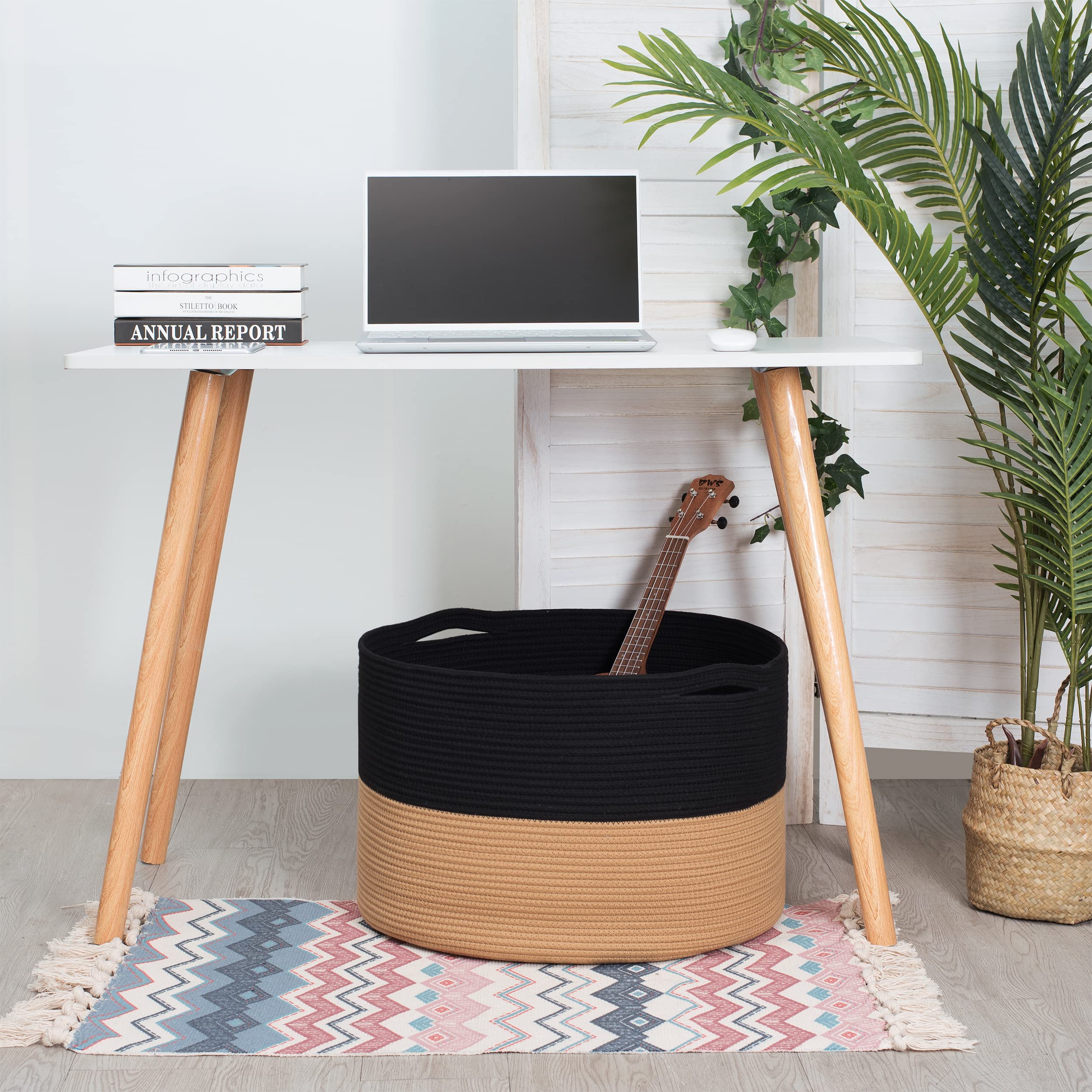 MINTWOOD Extra Large 22x14 Inch Woven Cotton Rope Storage Basket - Blanket Organizer, Laundry Hamper, Toy Bin for Living Room & Nursery - Black & Brown Home Decor (Perfect for Cozy Blanket Storage & Kids' Toy Organization)