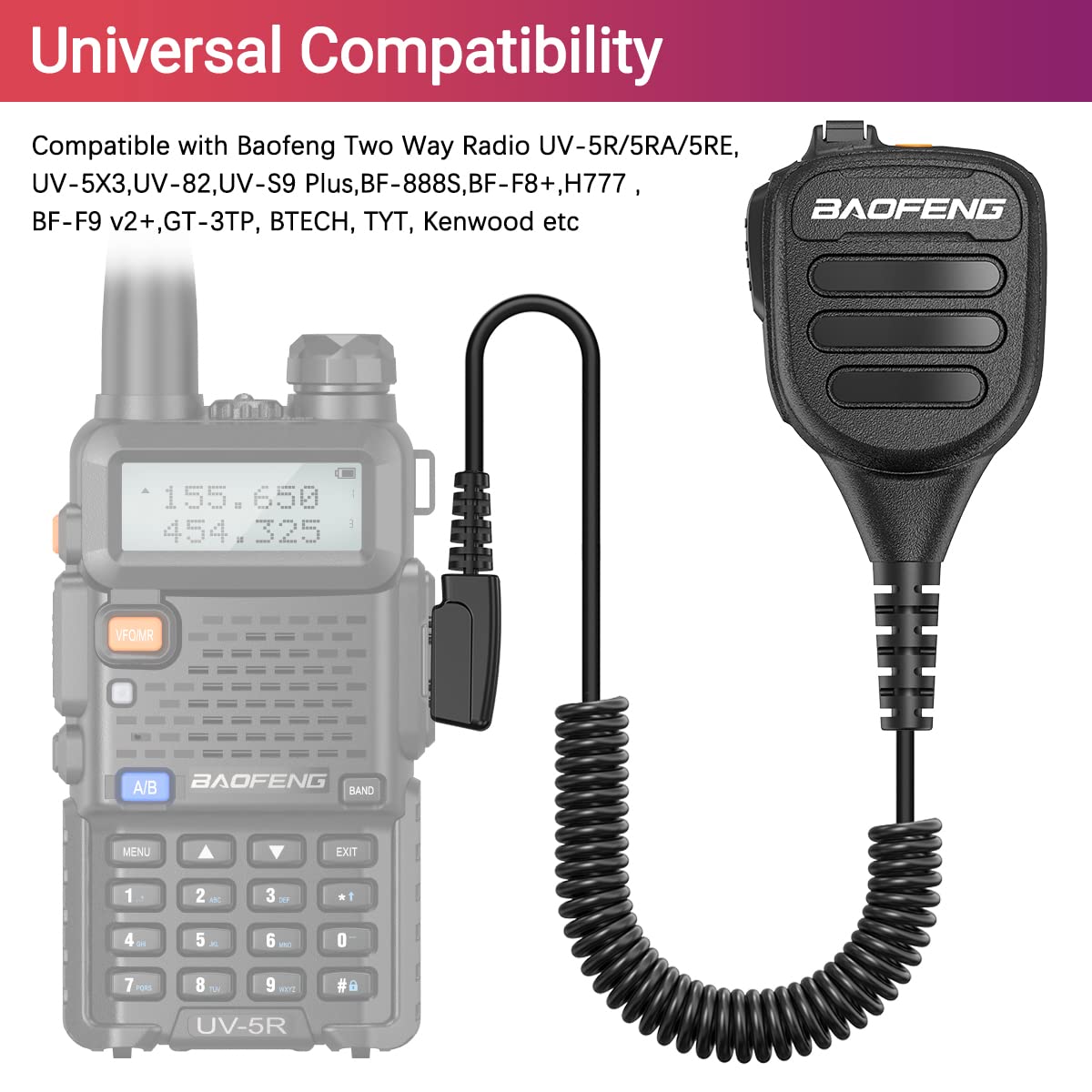 BAOFENG Heavy Duty IP54 Waterproof Handheld Microphone Speaker with Adjustable Volume - Compatible with UV-5R, BF-F8HP PRO, AR-5RM, UV-21R & Kenwood Retevis Walkie Talkies - Ideal for Outdoor Adventures, Construction Sites & Emergency Communications