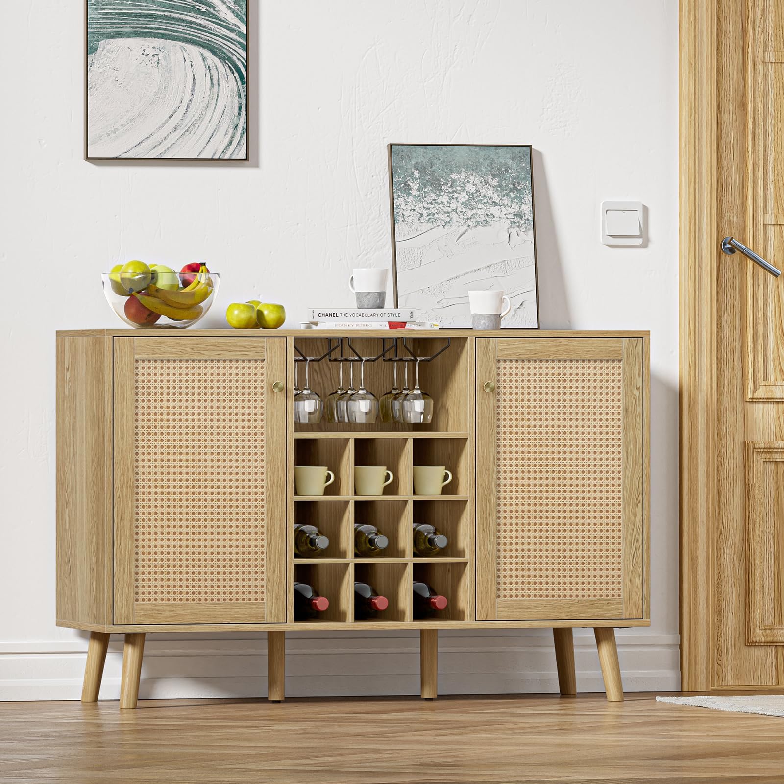 Giluta Rattan Wine Bar Cabinet with 2 Doors - Farmhouse Liquor Storage with Wine Rack & Glass Holder - Rustic Oak Sideboard Buffet for Living Room, Dining Room & Kitchen - Perfect for Home Entertaining & Wine Display