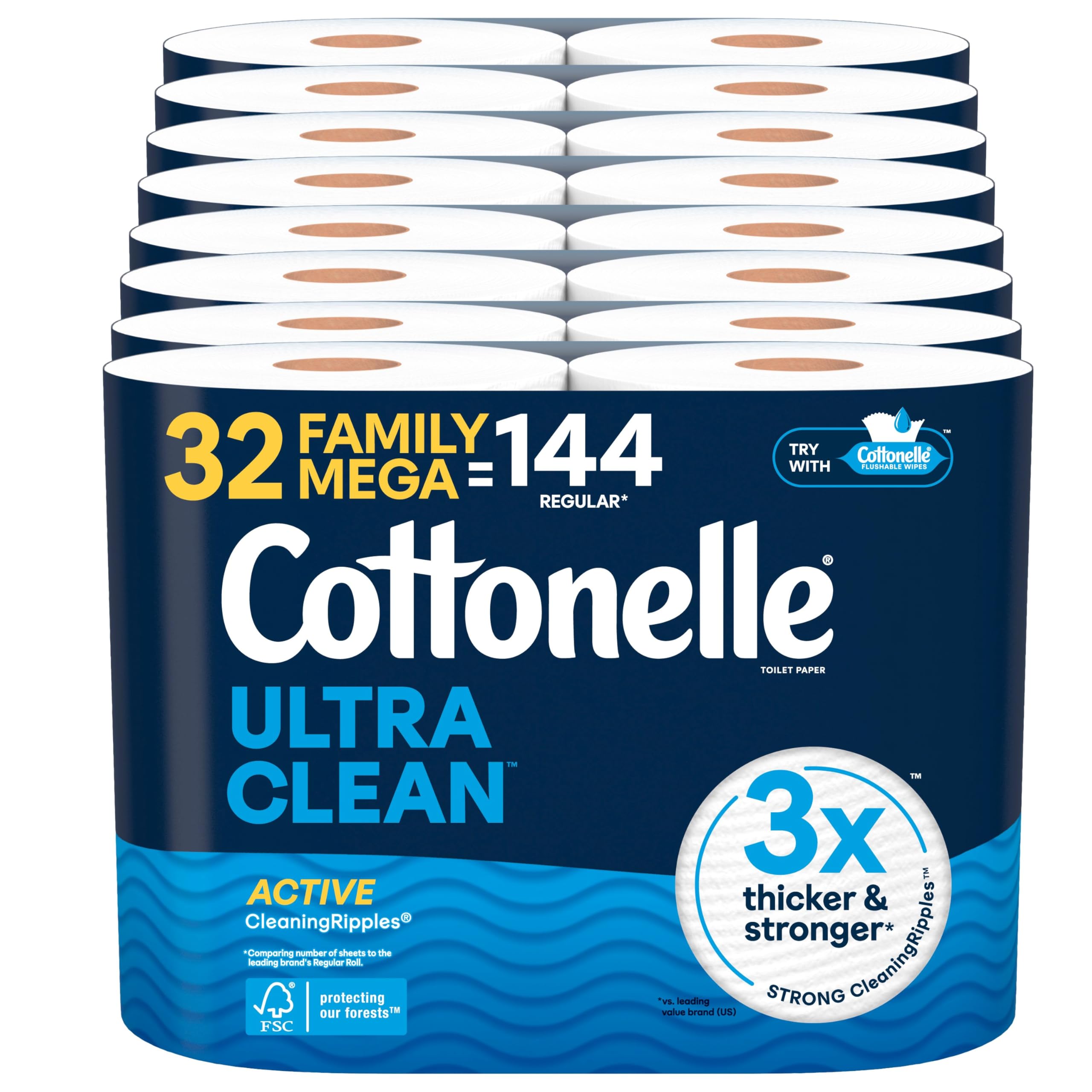 Cottonelle Ultra Clean Toilet Paper with Active Cleaning Ripples Texture - Strong & Soft Bath Tissue, 32 Family Mega Rolls (176 Regular Rolls) - 8 Packs of 4 - Perfect for Home, Office & RV Use