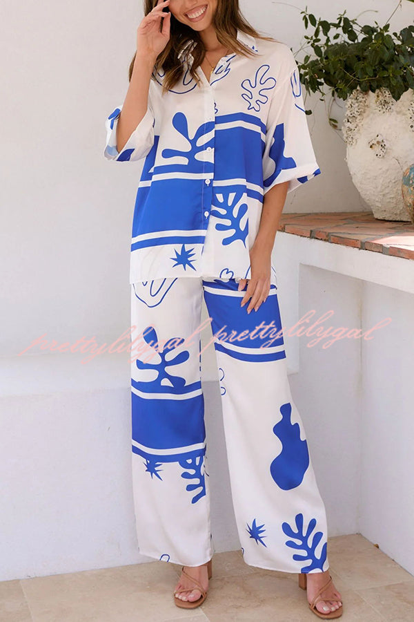 Stylish Color Block Print Button Up Shirt & Elastic Waist Pants Set for Women | Beach Outfit, Summer Vacation, Casual Wear