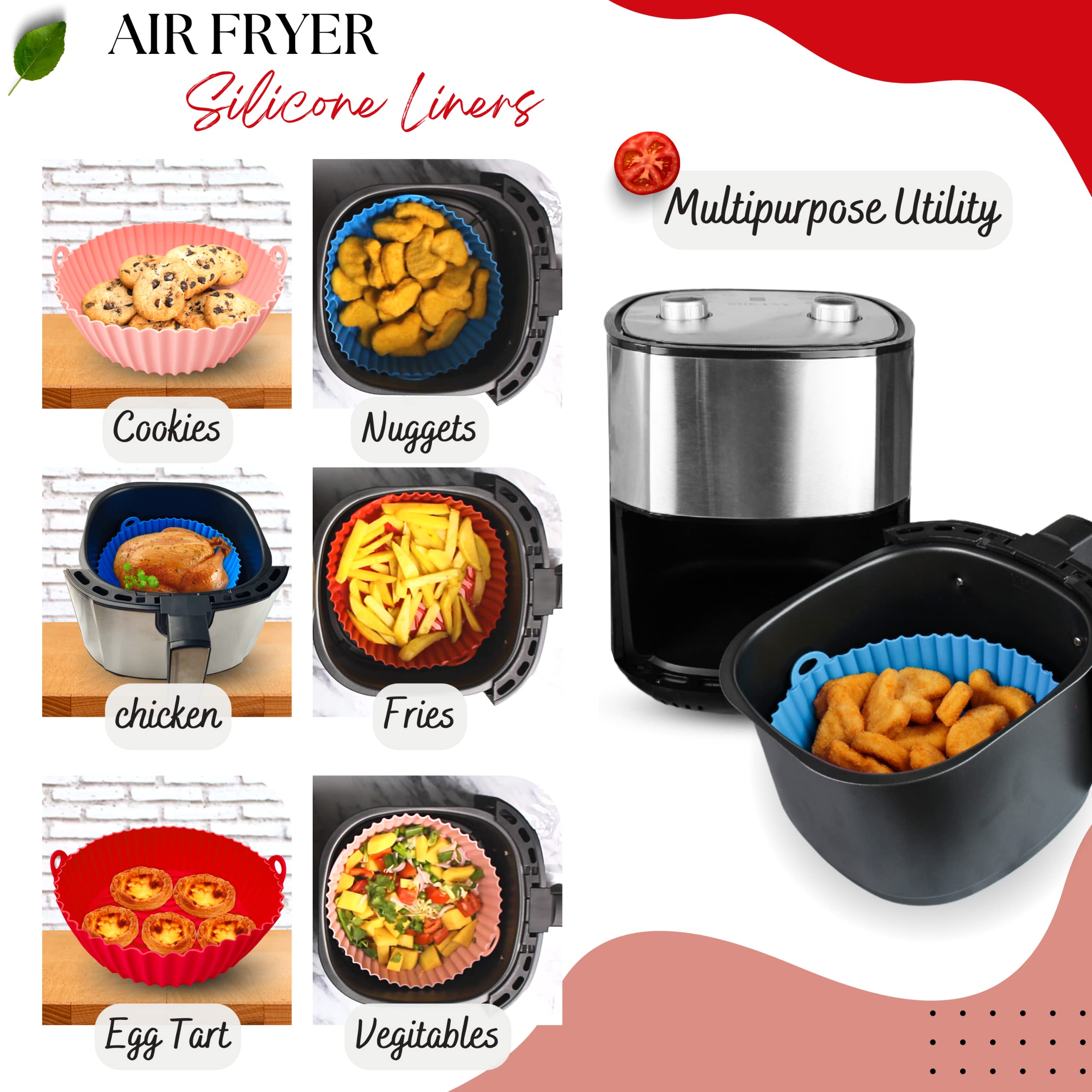 3-Pack Reusable 8.5 Inch Silicone Air Fryer Liners for 4-8QT Air Fryers - Heat Resistant Basket Trays & Pot Inserts - Perfect for Cooking, Baking, and Meal Prep