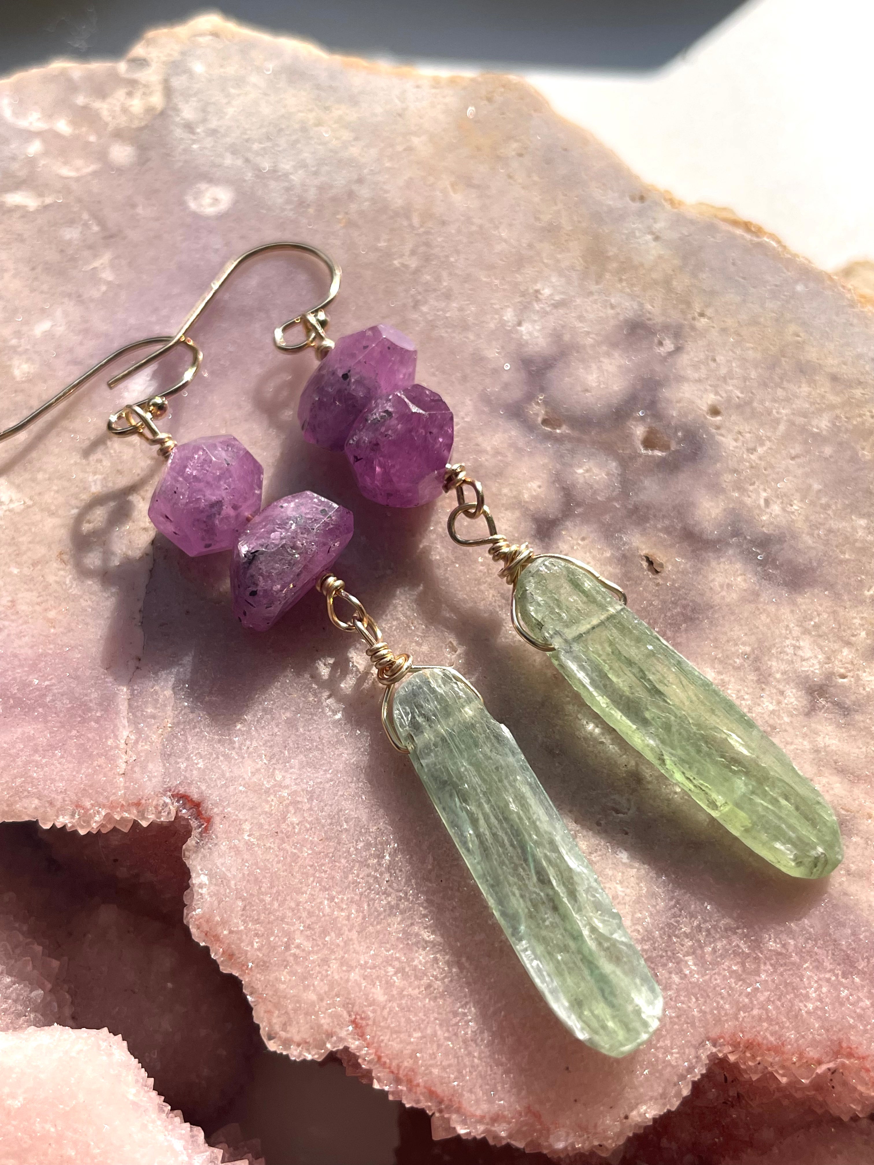 Exquisite Pink Sapphire & Green Kyanite Dangle Earrings for Women | Unique Handmade Jewelry Gift | Perfect for Weddings, Parties & Special Occasions