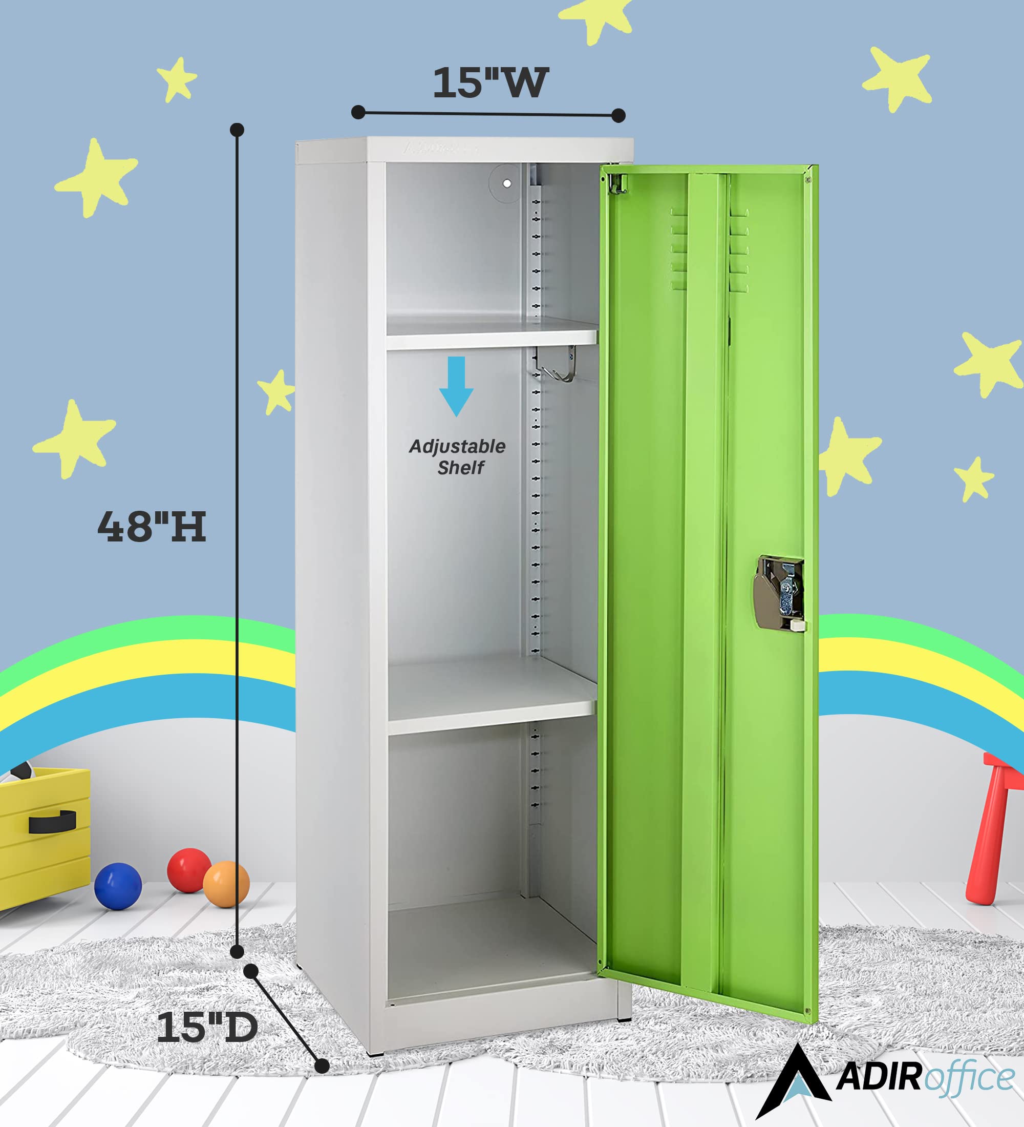 AdirOffice Kids Steel Metal Storage Locker with Key & Hanging Rods - 48 Inch Green School & Home Organizer for Clothes, Backpacks & Supplies - Perfect for Bedrooms, Dorm Rooms & Classrooms