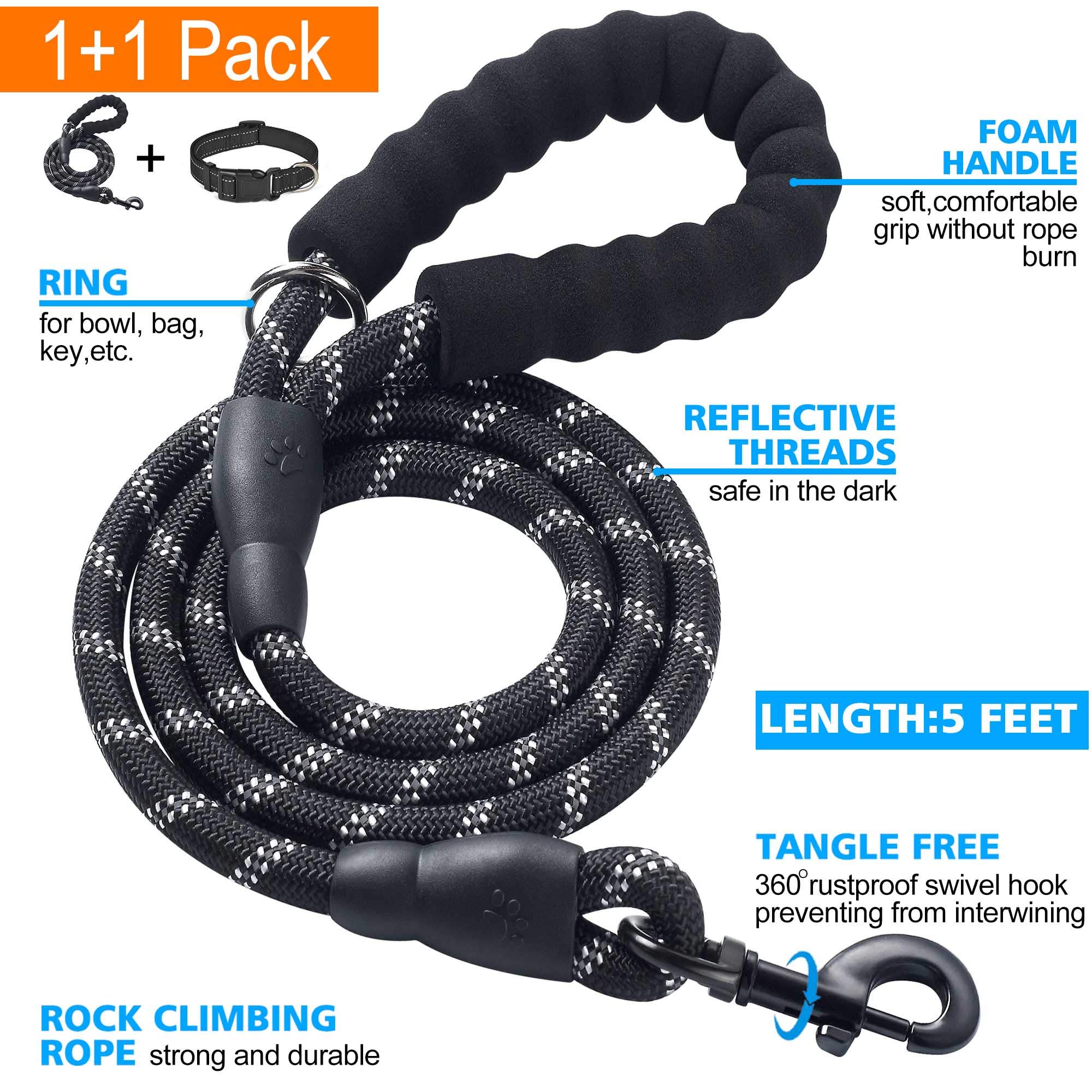 Reflective Adjustable Nylon Dog Collar with Soft Neoprene Padding - Breathable & Comfortable for Small, Medium & Large Dogs - Black Collar & Leash Set (Pack of 1) - Perfect for Night Walks, Training & Outdoor Adventures