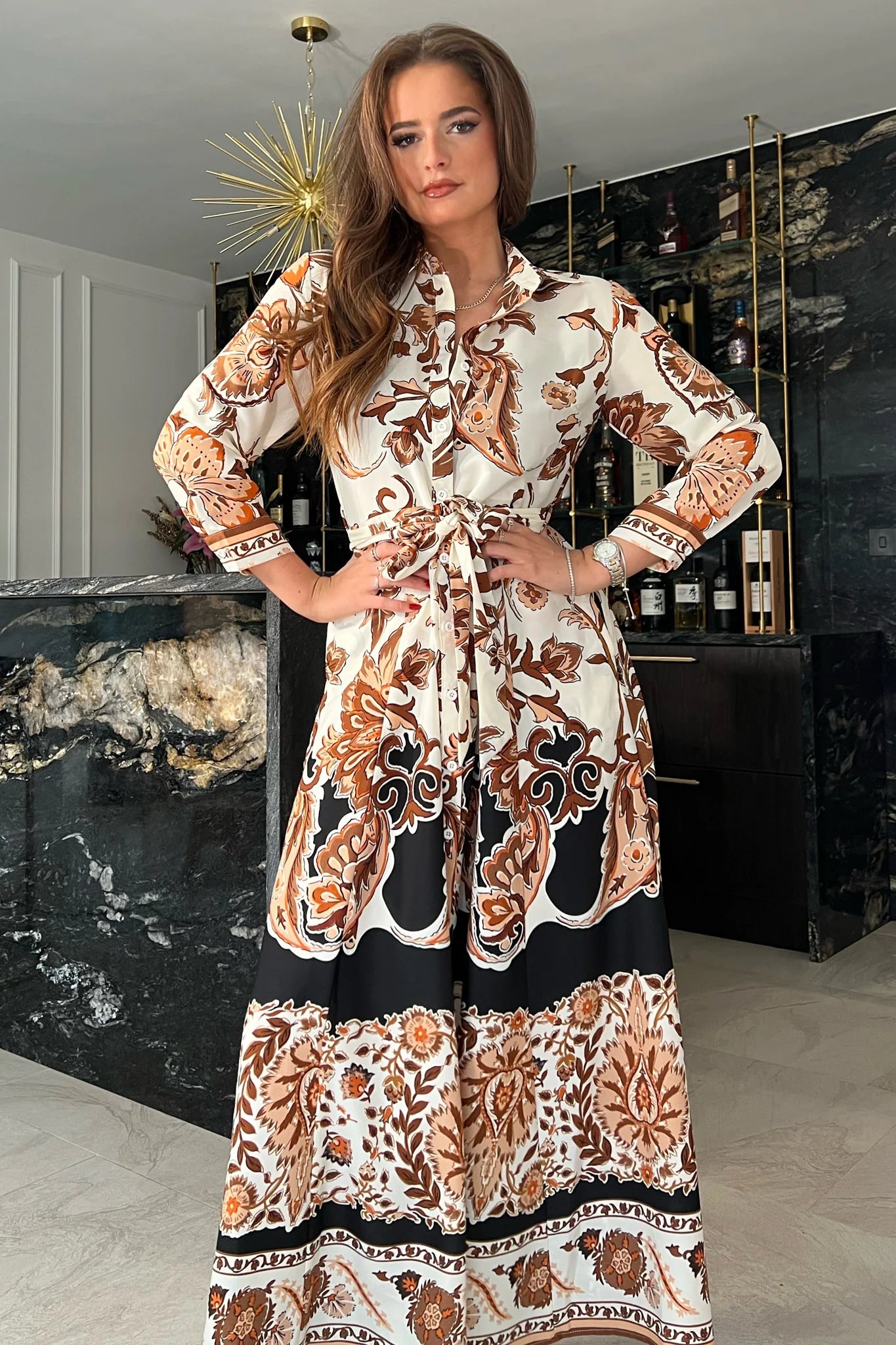 ANGELA BOARDER PRINT SHIRT MAXI DRESS in Brown | Flowy Long Sleeve Boho Dress for Women | Perfect for Beach Vacations, Date Nights & Summer Parties