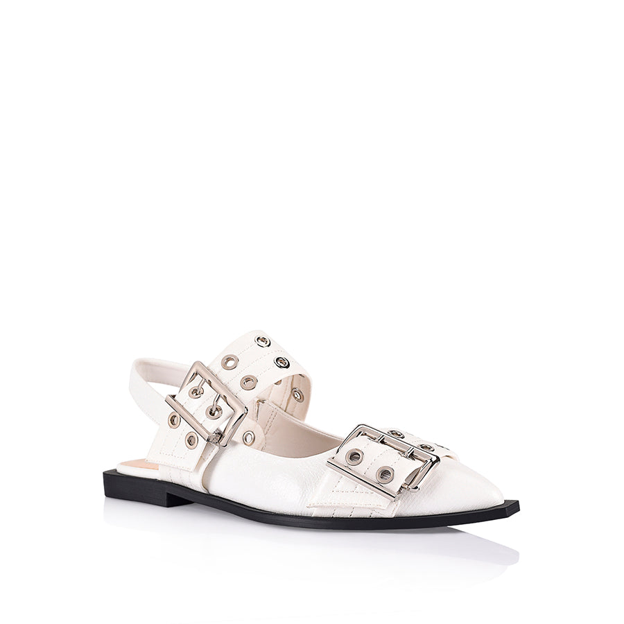 Clea Slingback Buckle Flats - Women's Comfortable Casual Shoes in Chalk White Crinkle | Perfect for Office, Walking & Summer Outfits
