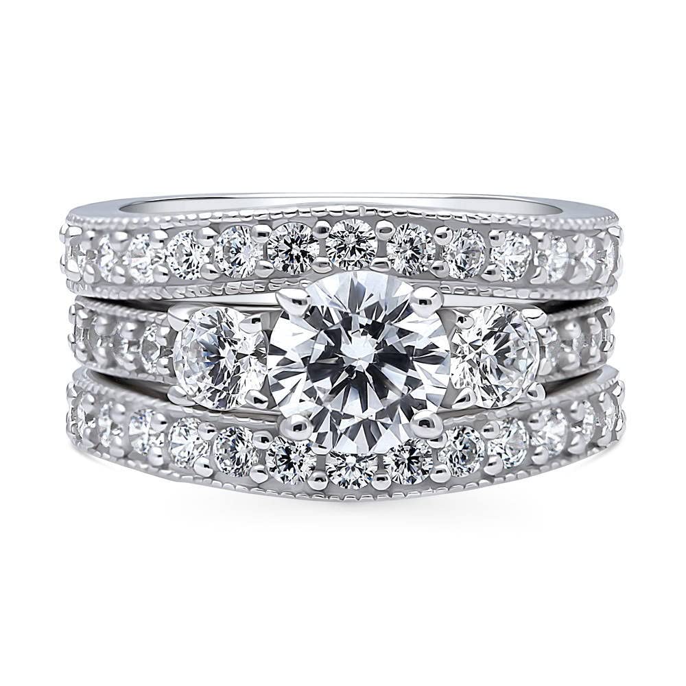BERRICLE Sterling Silver 3-Stone Wedding & Engagement Ring Set - 1.25 Carat Round Cut Cubic Zirconia (CZ) for Women - Rhodium Plated, Size 4-10 - Perfect for Proposals, Anniversaries & Special Occasions