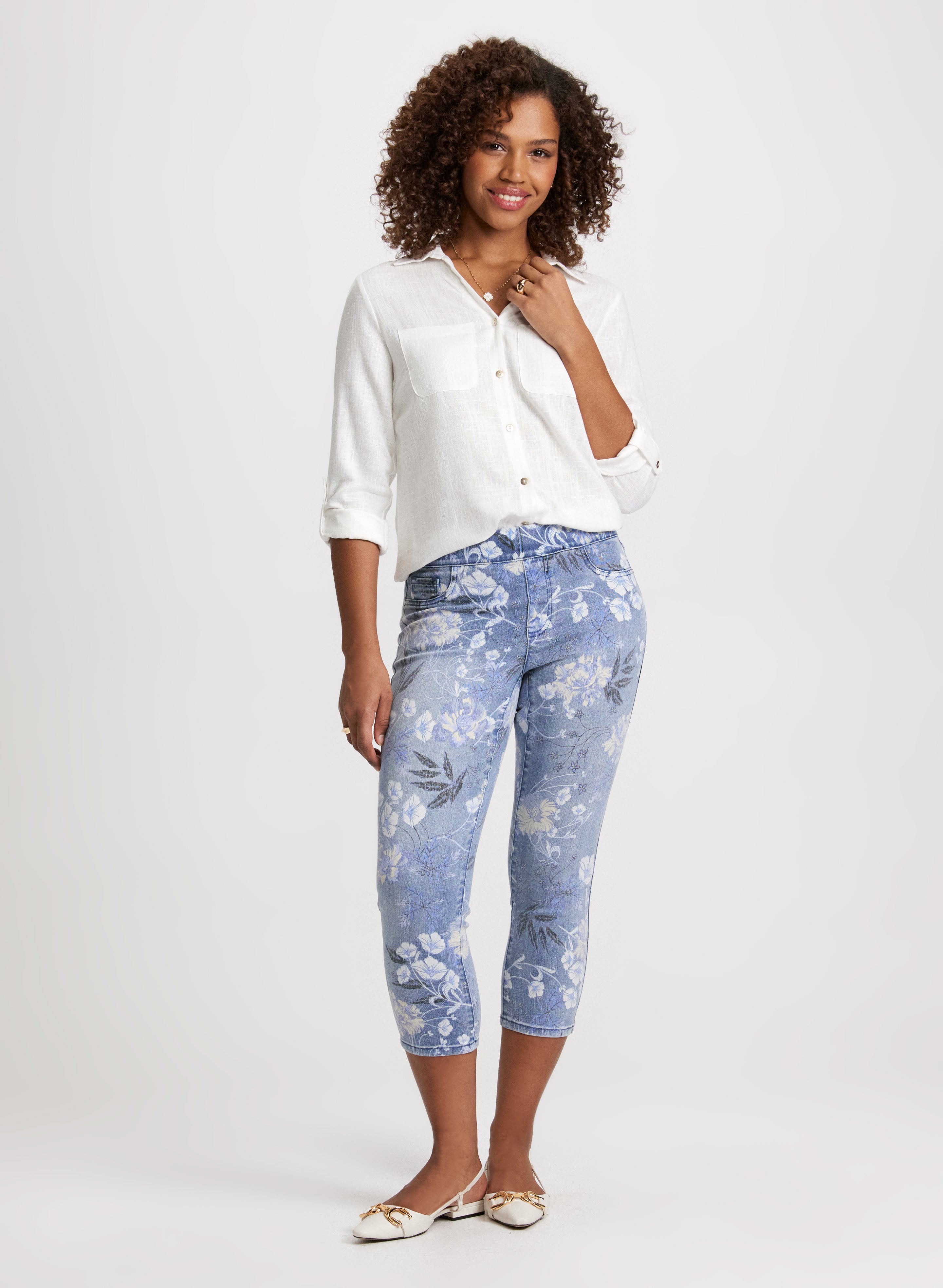 Floral Print Stretch Pull-On Jeans for Women - Comfortable & Stylish Casual Pants for Everyday Wear, Outings & Date Nights