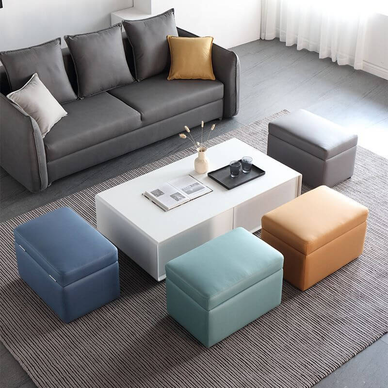 Trendy Rectangle Solid Color Grey/Orange/Green Sponge Cushioned Flip Top Storage Ottoman - Water Resistant Footrest & Seat for Living Room, Bedroom, or Office